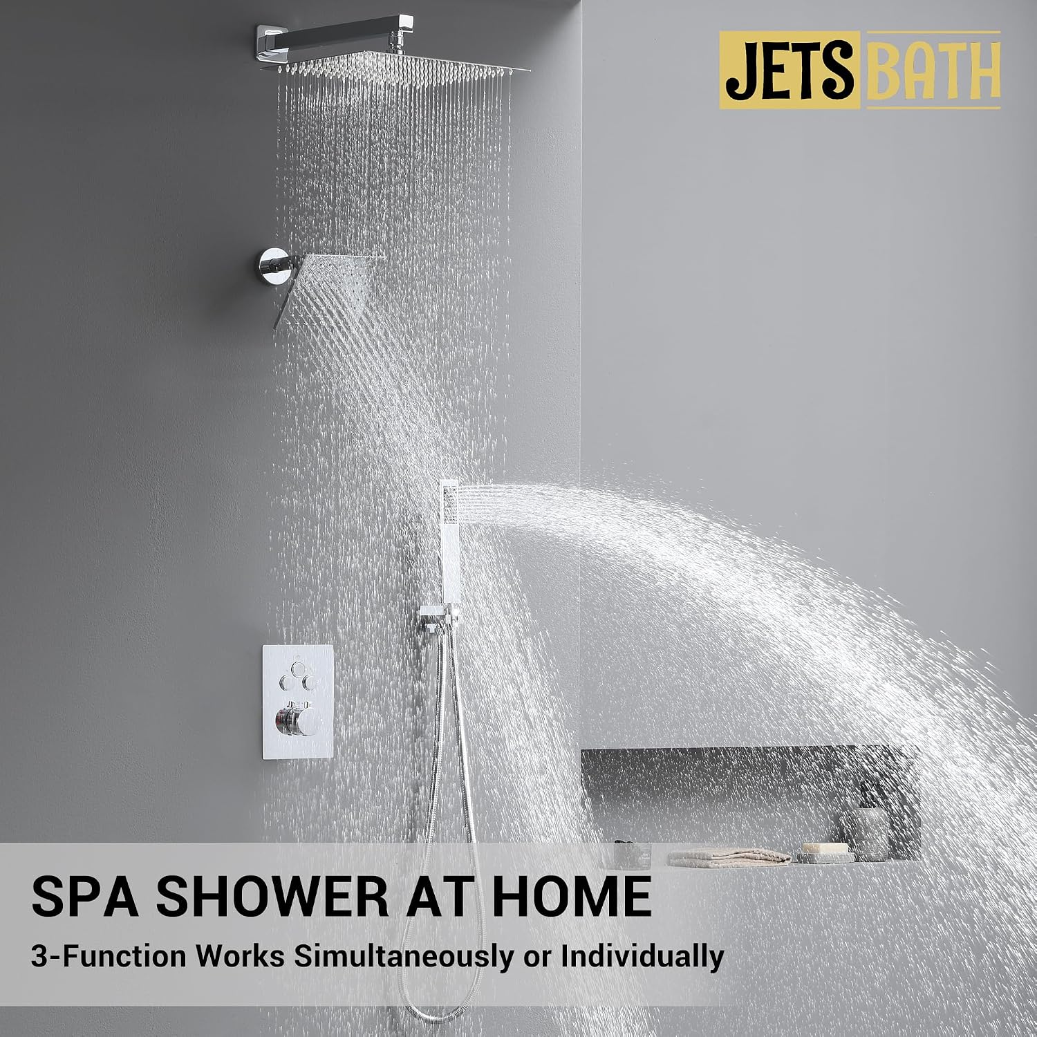 Thermostatic Dual Shower System with Wall Mount 12-Inch Rainfall Shower & 6-Inch Shower Head, Bathroom Shower Faucet Set with High Pressure Handheld Sprayer, Included Valve and Trim (Chrome)