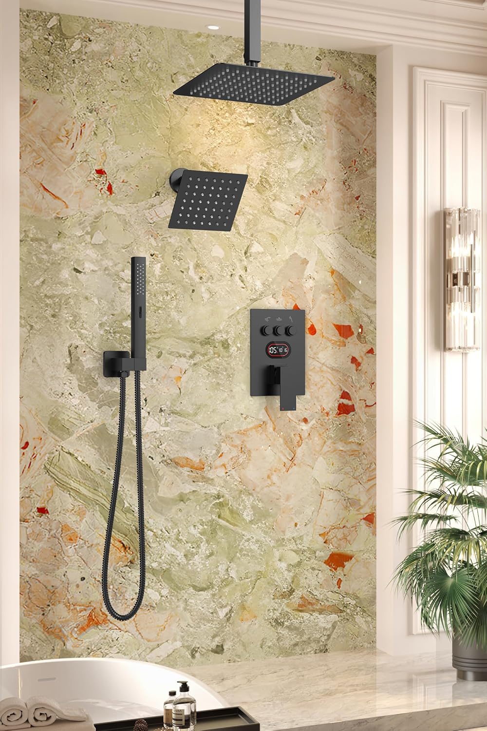 Push Button Diverter Shower Faucet Set Hydro Power Temperature Display, Shower System Ceiling Mounted 10' & Wall Mounted 6' Shower Head with 3-Spary Handheld, Matte Black