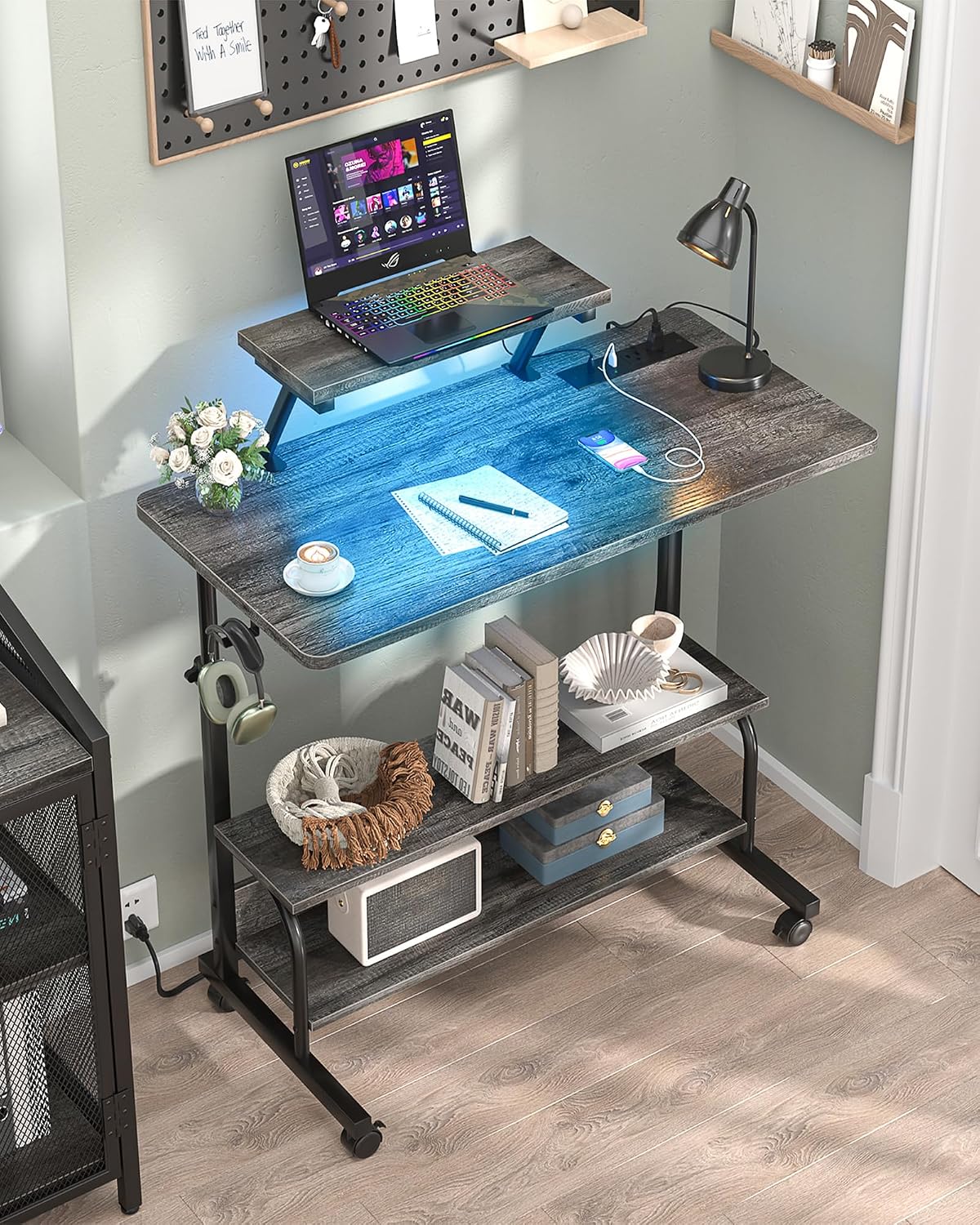 Height Adjustable Standing Desk with Power Outlets and LED Lights - 32' Manual Stand Up Desk with Monitor Stand and Storage Shelves Small Mobile Rolling Computer Desk Portable Laptop Table, Grey Oak