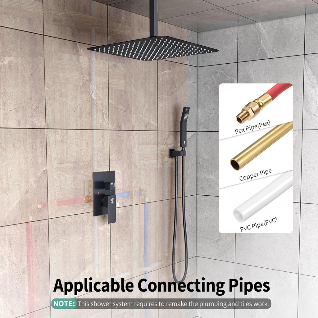 SR SUN RISE 16 Inches Matte Black Shower Set System Bathroom Luxury Rain Mixer Shower Combo Set Ceiling Mounted Rainfall Shower Head Faucet (Contain Shower Faucet Rough-In Valve Body and Trim)