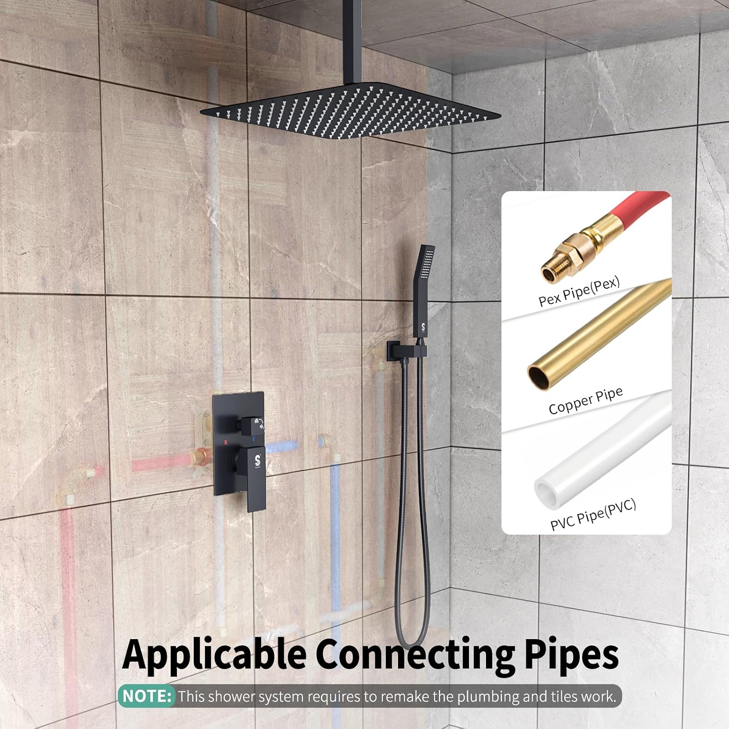 SR SUN RISE 16 Inches Matte Black Shower Set System Bathroom Luxury Rain Mixer Shower Combo Set Ceiling Mounted Rainfall Shower Head Faucet (Contain Shower Faucet Rough-In Valve Body and Trim)