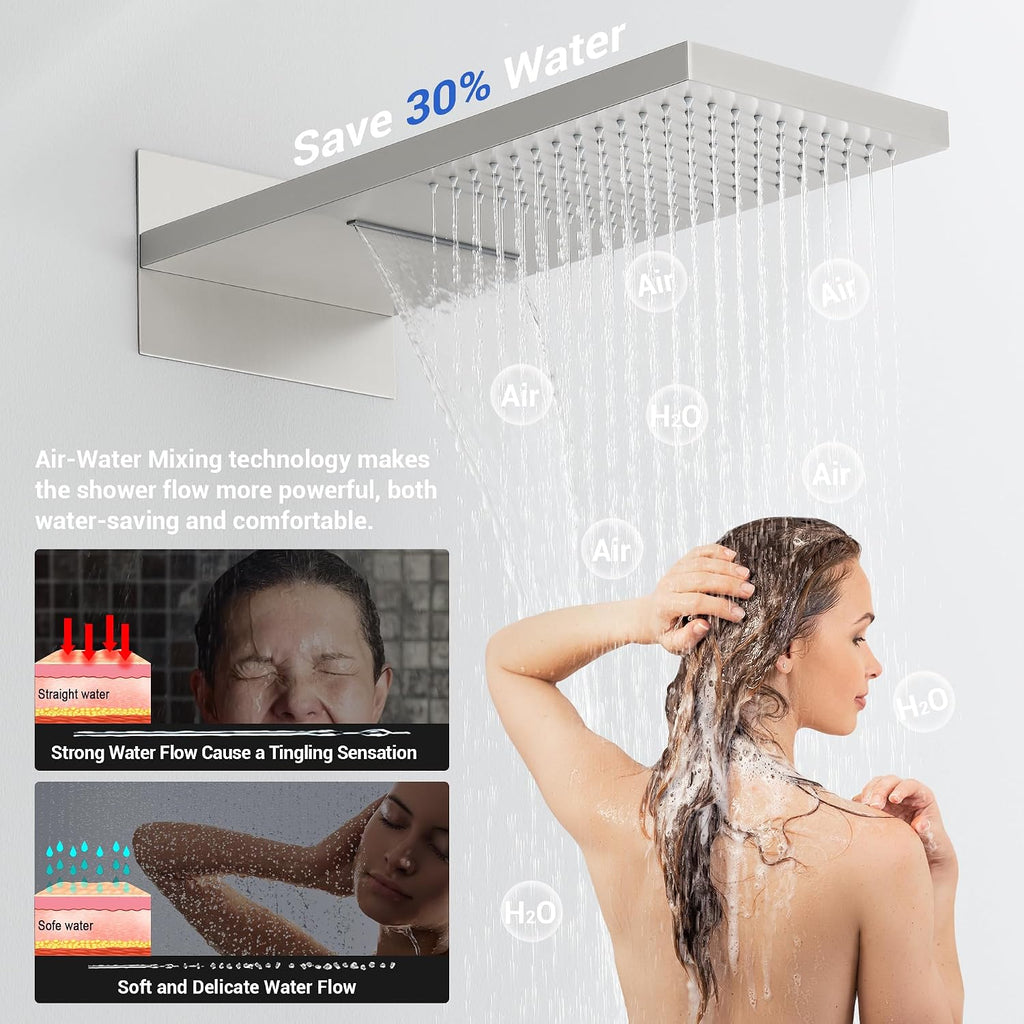 Thermostatic Shower System 22-Inch Rain & Waterfall Large Shower Head, Brushed Nickel Luxury Shower Faucet Set with High Pressure Handheld Sprayer, Wall Mount Shower Fixtures Include Valve