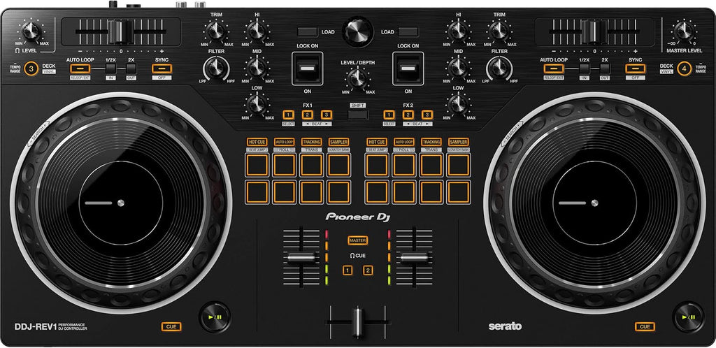 Pioneer DDJ-REV1 DJ Controller Bundle with Adjustable Laptop Stand for DJ's and StreamEye Polishing Cloth