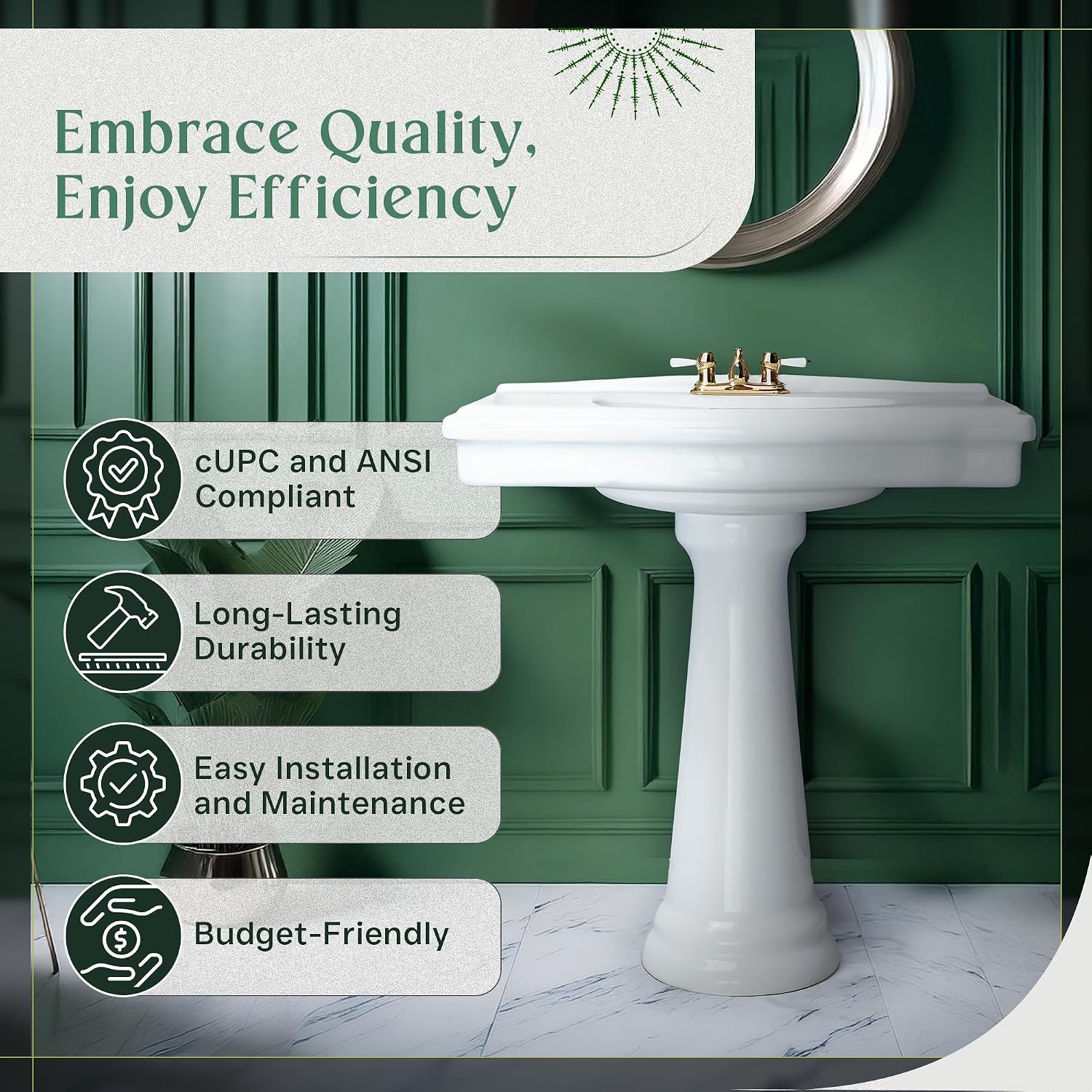 Renovators Supply Manufacturing Darbyshire 34'W x 22.5' D x 32' H Large Bathroom Pedestal Sink. Vitreous China with Overflow, 4 in. Centerset Faucets