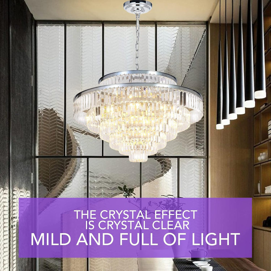 Crystal Chandeliers Modern Style Chrome 39 inch & Lights Round Hanging Classic Pendant Ceiling Chandelier Lighting Fixture 7-Tier for Dining Room Living Room