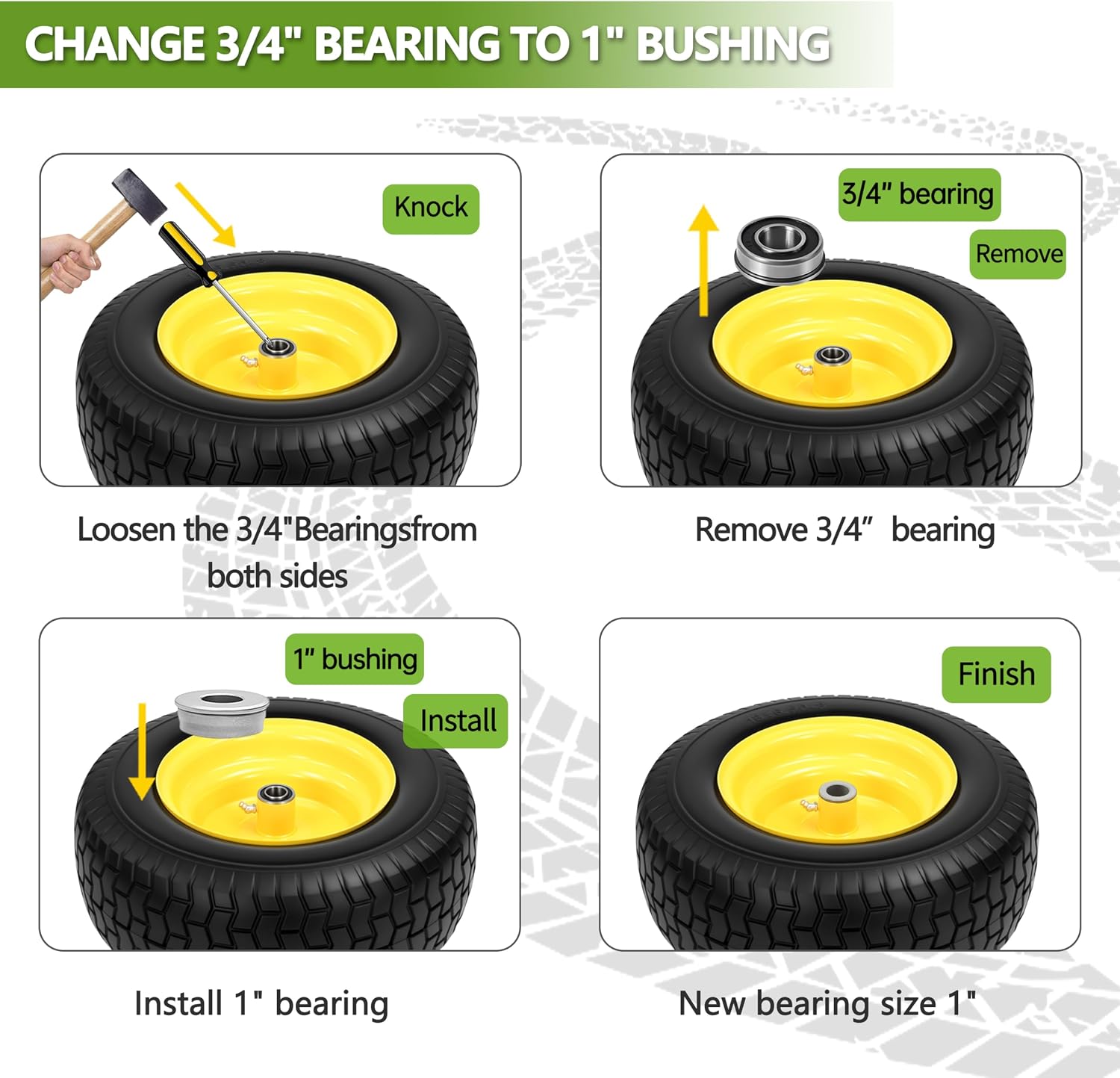 2 PCS 16x6.50-8 Flat Free Riding Lawn Mower Tire and Wheel with 1' Bushing, 3/4'Bearing，3-5'Offset Hub, Relacement 16x6.5-8 Solid Turf Tire with Rim for Lawn Mowers and Garden Tractor Front Assembly