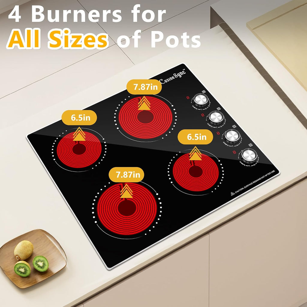24 Inch Electric Cooktop, 4 Burner Ceramic Stove with 9 Power Levels, Knob Control, Auto shutdown and Residual Heat Warning, 6000W, 220-240V for Hard Wire