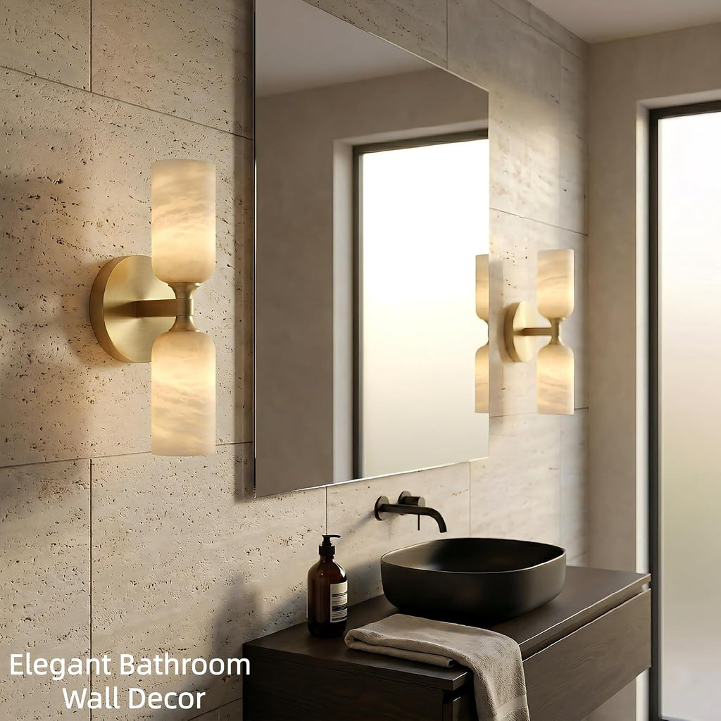 Alabaster Wall Sconces, 14' Modern Spanish Natural Marble Vanity Light, Dimmable Hardwired Brass Gold Wall Sconce Lighting for Bathroom Mirror, Bedroom, Living Room, Luxury Stone Wall Fixtures (1 Pcs)