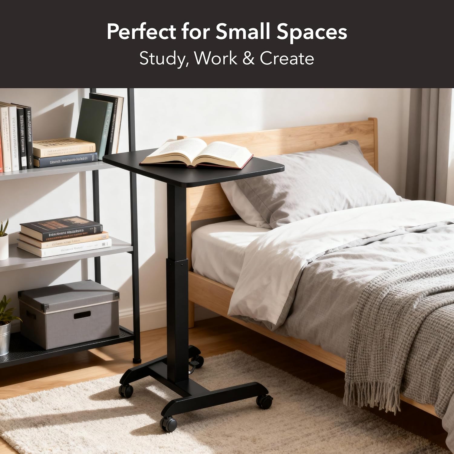Mount-It! Rolling Laptop Desk Adjustable Height (29.6'-44.2'), Mobile Workstation Cart with 23.6' x 20.5' Desktop, Small Sit-Stand Desk for Home, Office, or Classroom in Black