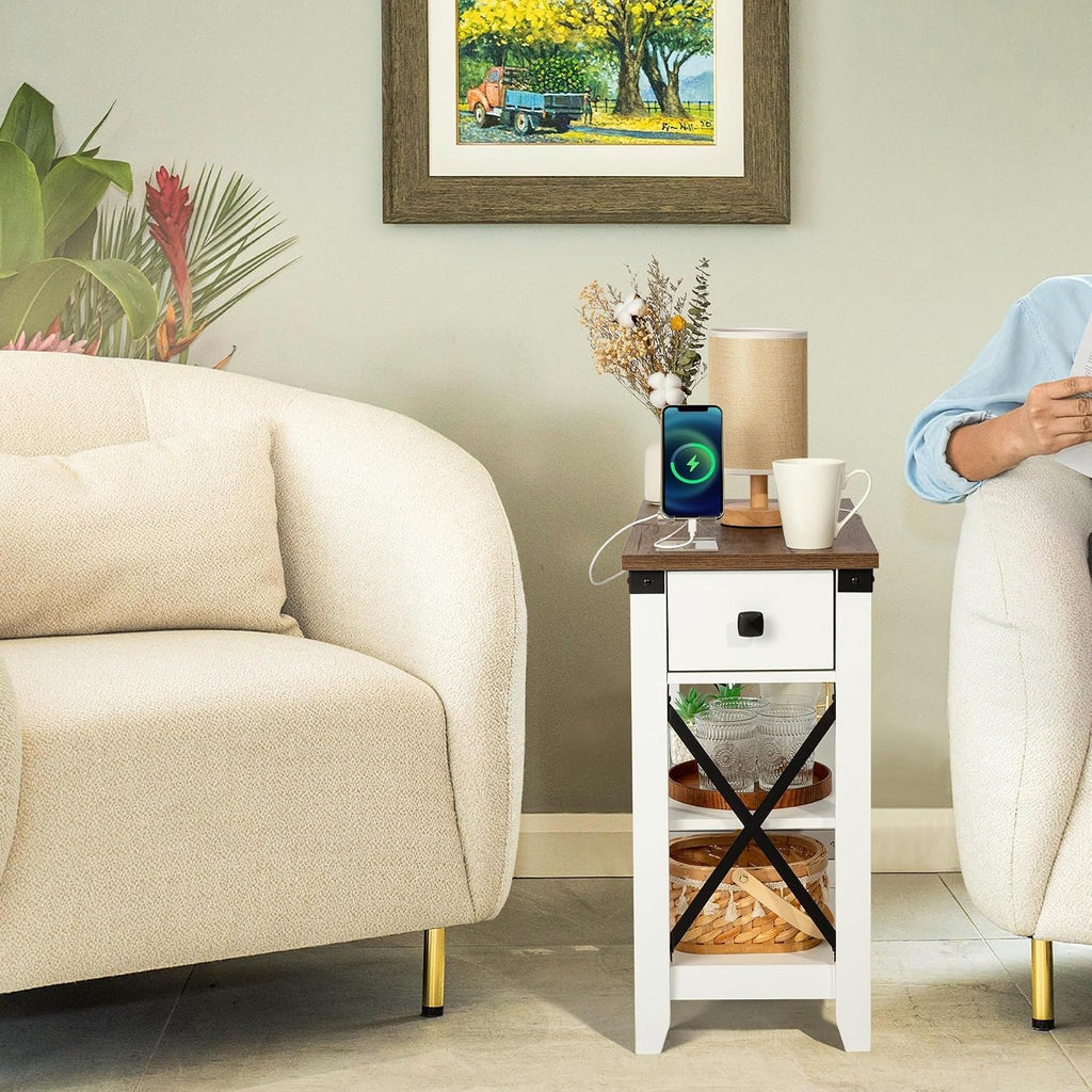 Awescuti Narrow End Table with Charging Station - Farmhouse Slim Side Table Set of 2, w/USB Ports Power Outlets, Nightstand w/Flip Top Storage Drawer, for Small Spaces Living Room Bedroom, Brown White