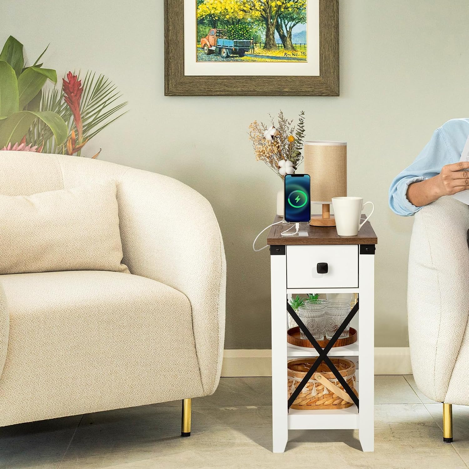 Awescuti Narrow End Table with Charging Station - Farmhouse Slim Side Table Set of 2, w/USB Ports Power Outlets, Nightstand w/Flip Top Storage Drawer, for Small Spaces Living Room Bedroom, Brown White