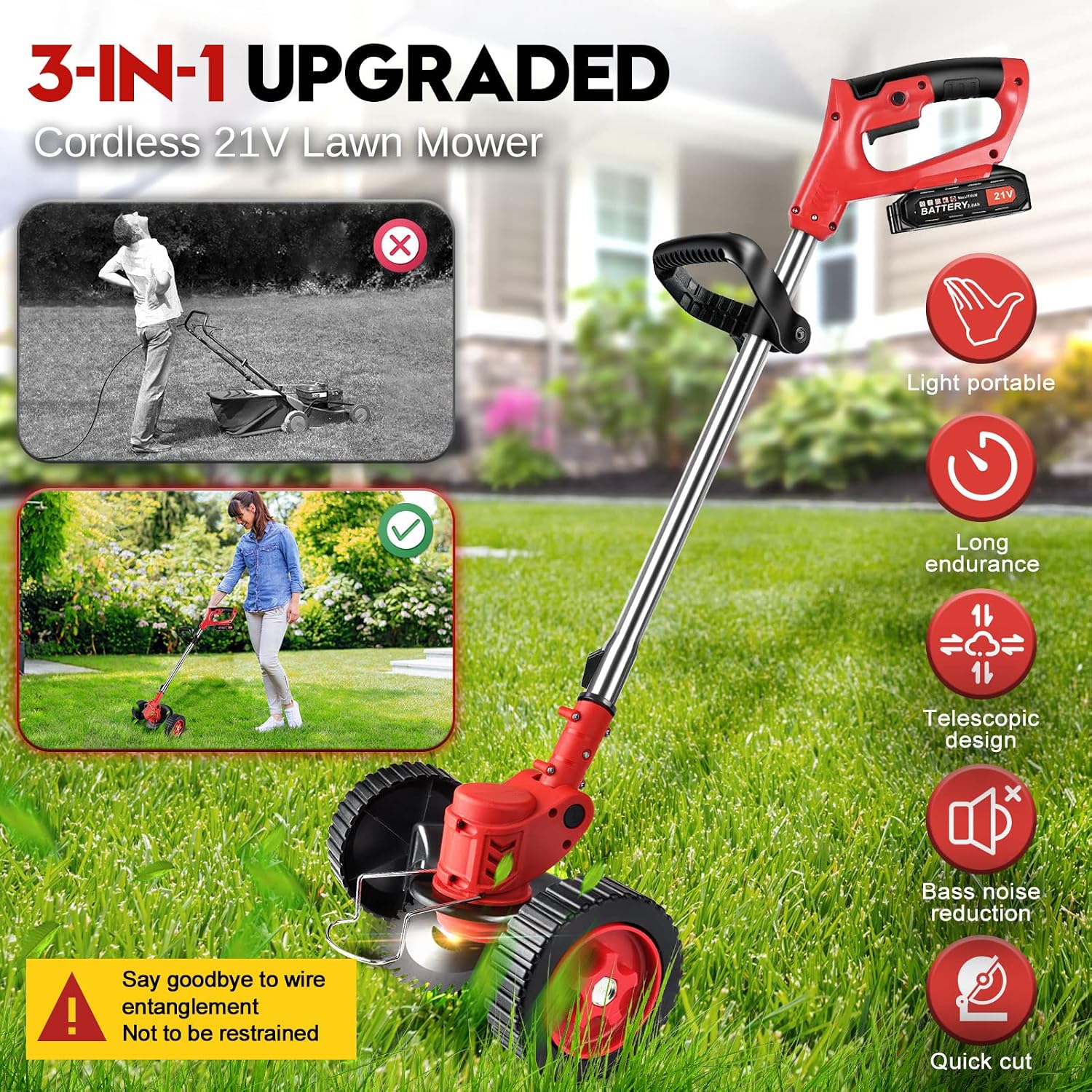 Cordless Weeder Mower Battery Powered 21V 2000mAh, Electric Weeder Brush Cutter, Height Adjustable Edge Trimmer mini Mower 3-in-1 Cutting Tool, 8 Blades, 1 Wheel, 2 Batteries, 1 Charger