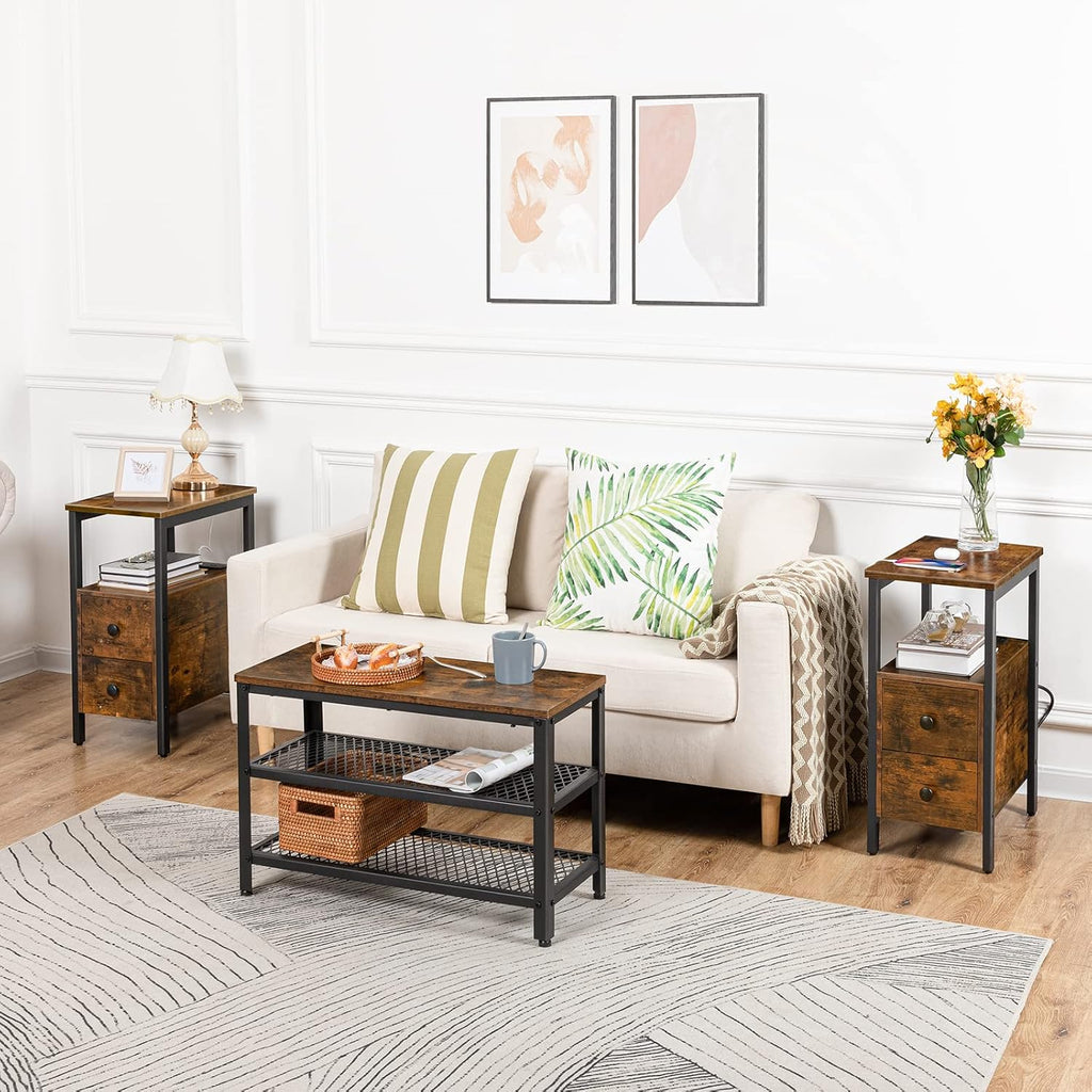 HOOBRO End Table with Charging Station, Narrow Side Table with 2 Drawer & Power Outlets, Nightstand Small Spaces, Rustic Brown and Black BF541BZP201