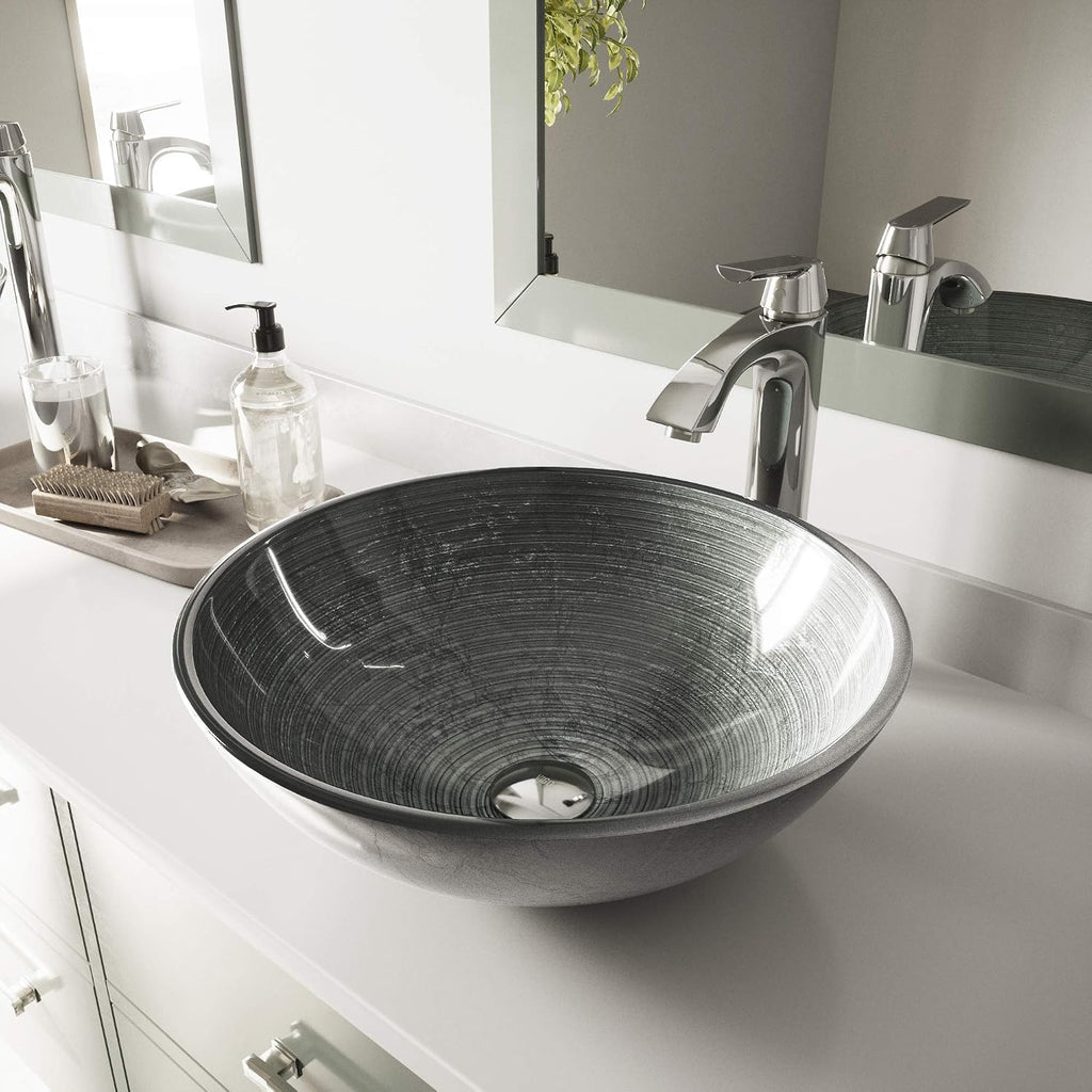 Vigo Vessel Sink Silver - 17' Artistic Round Bowl Sink for Bathrooms, Tempered Glass Above Counter Bathroom Sink with NonStickShield, QuickDrain & TempGuard, Modern Luxury Design