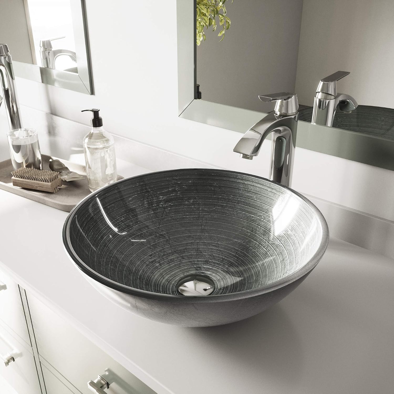 Vigo Vessel Sink Silver - 17' Artistic Round Bowl Sink for Bathrooms, Tempered Glass Above Counter Bathroom Sink with NonStickShield, QuickDrain & TempGuard, Modern Luxury Design