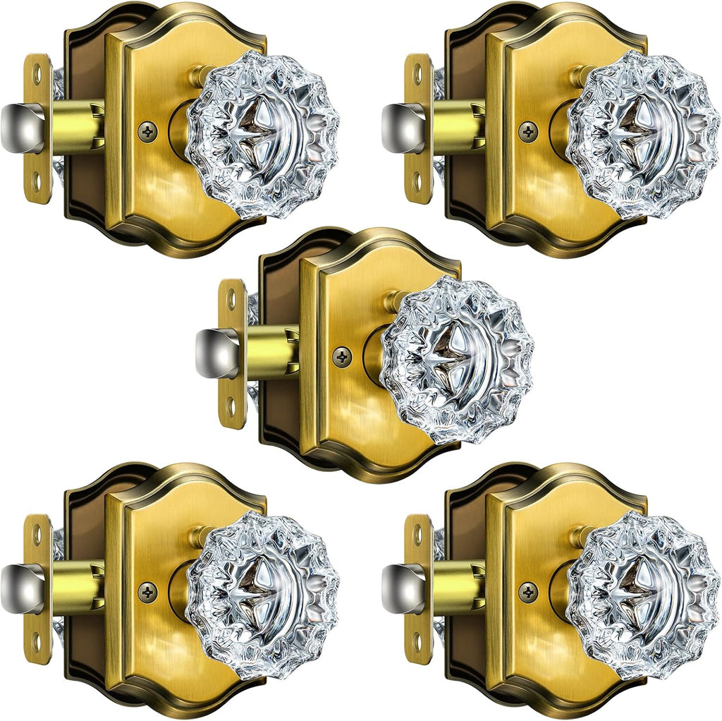 5 Pack Glass Door Knobs, Antique Brass Crystal Door Knobs with Lock for Privacy Use, Vintage Crystal Door Knobs Interior for Bedroom Bathroom, Crystal Glass Brass Door Knob