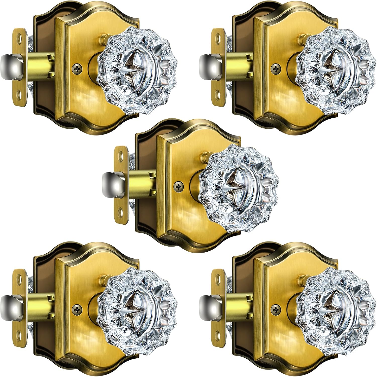 5 Pack Glass Door Knobs, Antique Brass Crystal Door Knobs with Lock for Privacy Use, Vintage Crystal Door Knobs Interior for Bedroom Bathroom, Crystal Glass Brass Door Knob