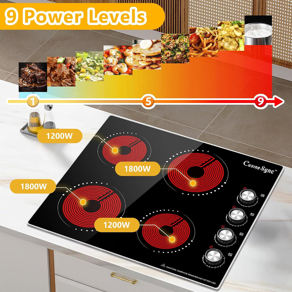 24 Inch Electric Cooktop, 4 Burner Ceramic Stove with 9 Power Levels, Knob Control, Auto shutdown and Residual Heat Warning, 6000W, 220-240V for Hard Wire