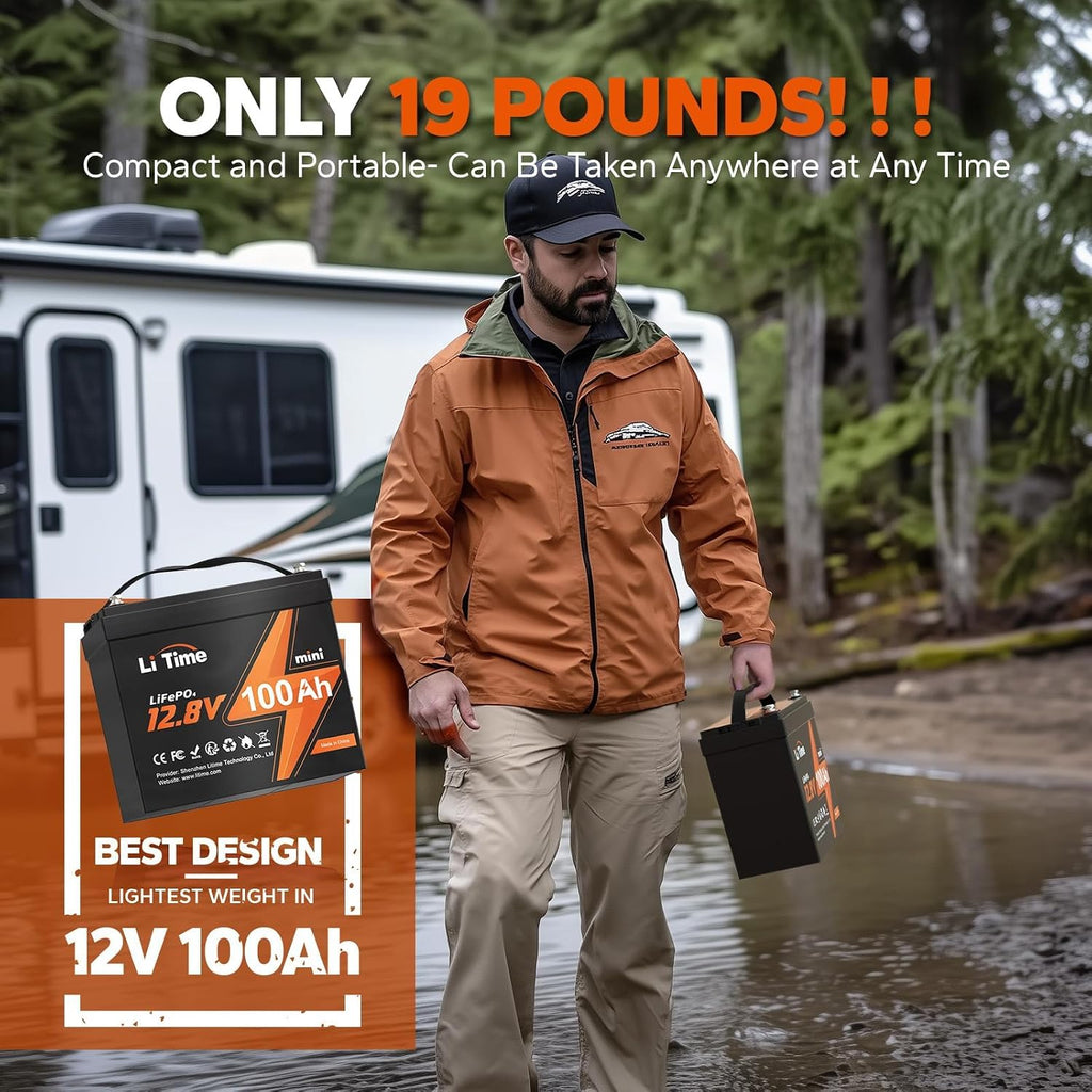 LiTime 12V 100Ah Xtra-Mini Bluetooth Trolling Motor LiFePO4 Battery, 12 Volt MINI Small Lithium Batteries, Up to 15000 Deep Cycle, 100A BMS for RV, Camper, Travel Trailers, Boat, Yacht, Kayak (2-Pack)