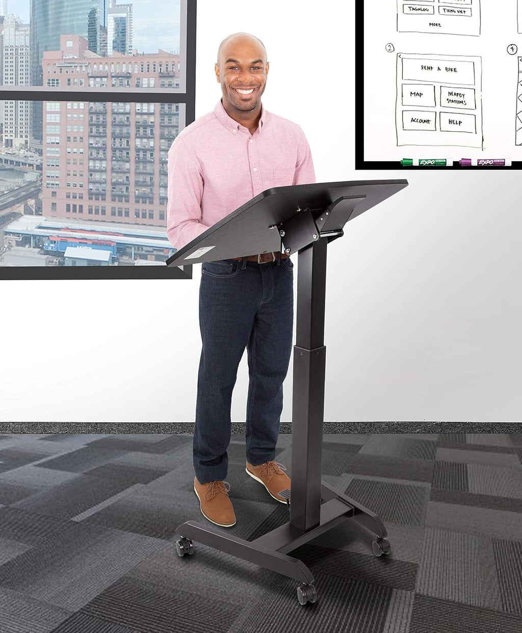 Stand Steady Multifunctional Mobile Podium Desk | Portable Sit to Stand Lectern with Pneumatic Height Adjustment & Tilting Desktop | Rolling Laptop Stand | Mobile Desk for School, Home, Office (Black)