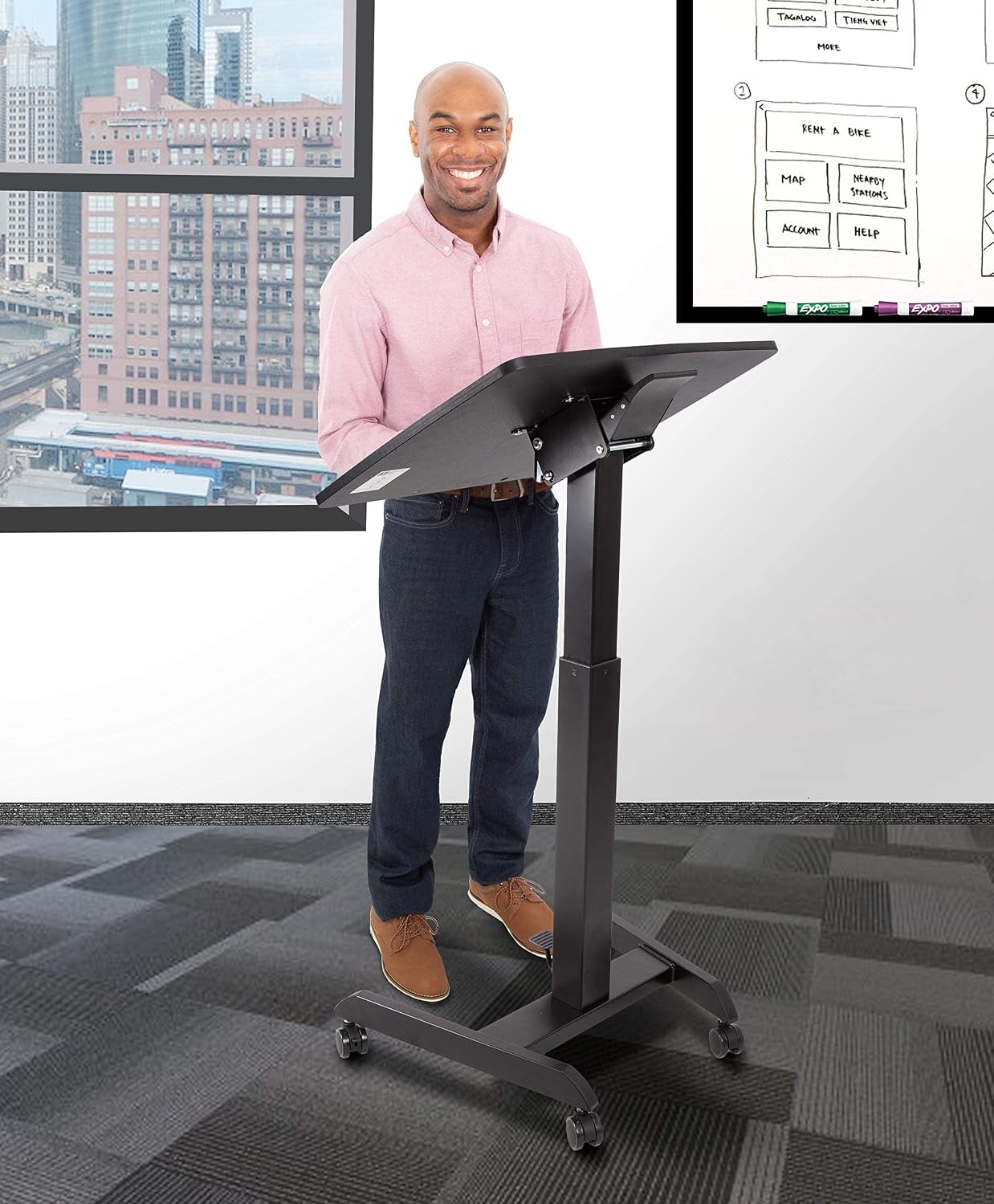 Stand Steady Multifunctional Mobile Podium Desk | Portable Sit to Stand Lectern with Pneumatic Height Adjustment & Tilting Desktop | Rolling Laptop Stand | Mobile Desk for School, Home, Office (Black)