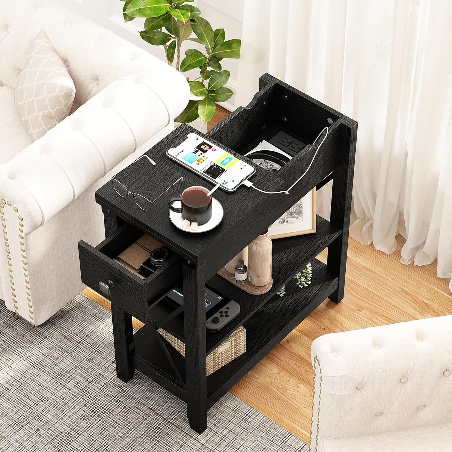 Awescuti Narrow End Table with Charging Station - Farmhouse Slim Side Table Set of 2, w/USB Ports Power Outlets, Nightstand w/Flip Top Storage Drawer, for Small Spaces Living Room Bedroom, Black