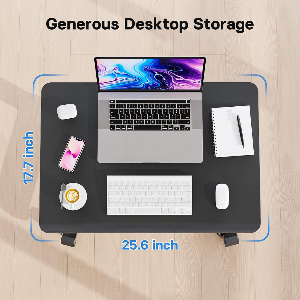 BONTEC Mobile Standing Desk Adjustable Height, Rolling Laptop Cart with Hook, Portable Workstation with Pneumatic Lift, Ergonomic Table with Wheels, Compact Home Office Desk, Black 25.6' x 17.7'