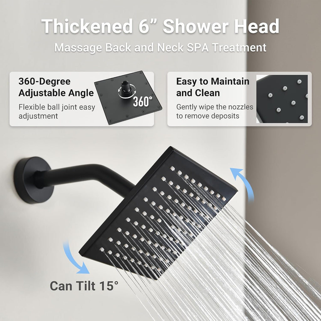 Dasan Matte Black Dual Shower Heads System with Ceiling 12-Inch Rainfall Shower & Wall Mount 6-Inch High Pressure Shower Head, Full Body Dual Shower Set with Handheld Sprayer, 3-Function Shower Faucet