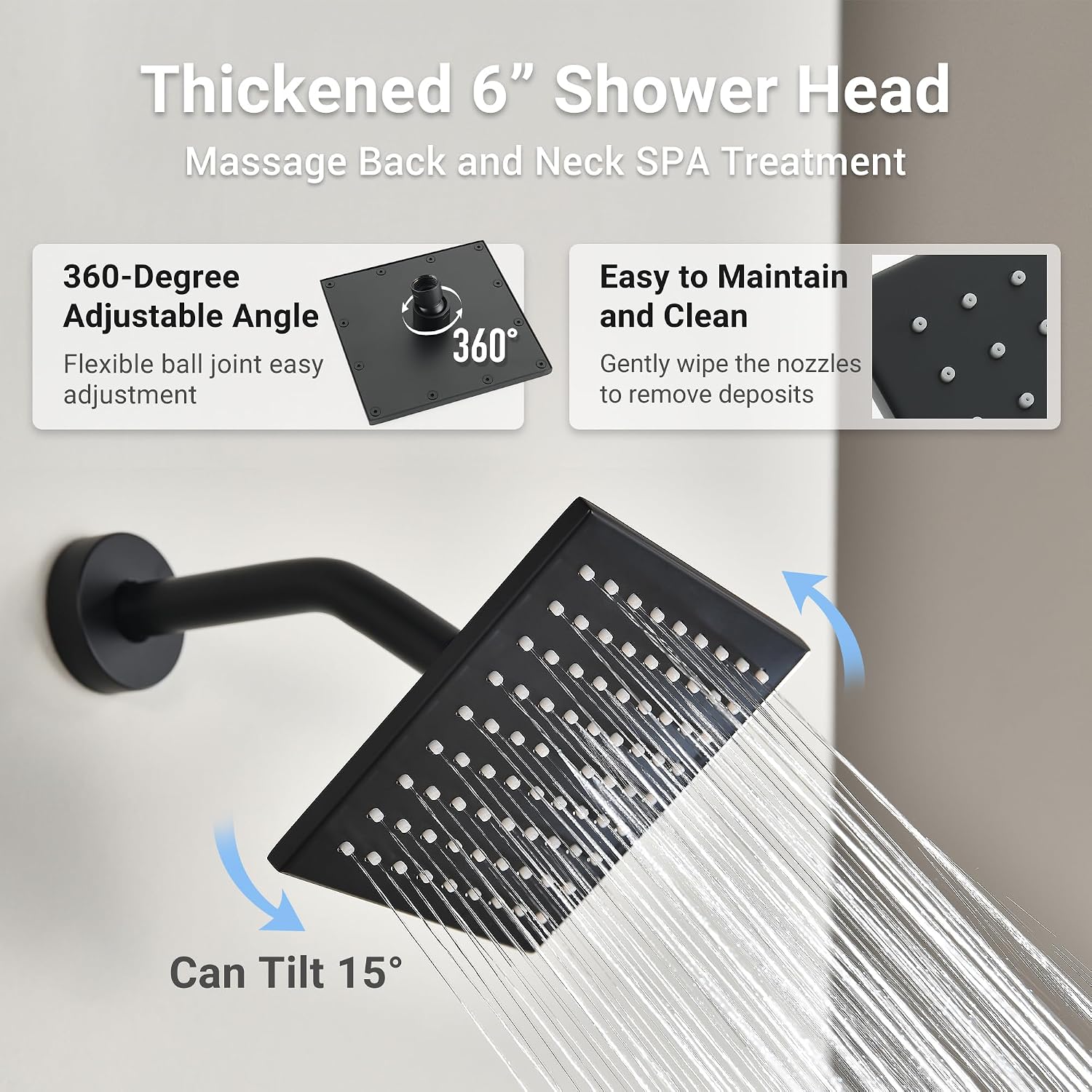 Dasan Matte Black Dual Shower Heads System with Ceiling 12-Inch Rainfall Shower & Wall Mount 6-Inch High Pressure Shower Head, Full Body Dual Shower Set with Handheld Sprayer, 3-Function Shower Faucet