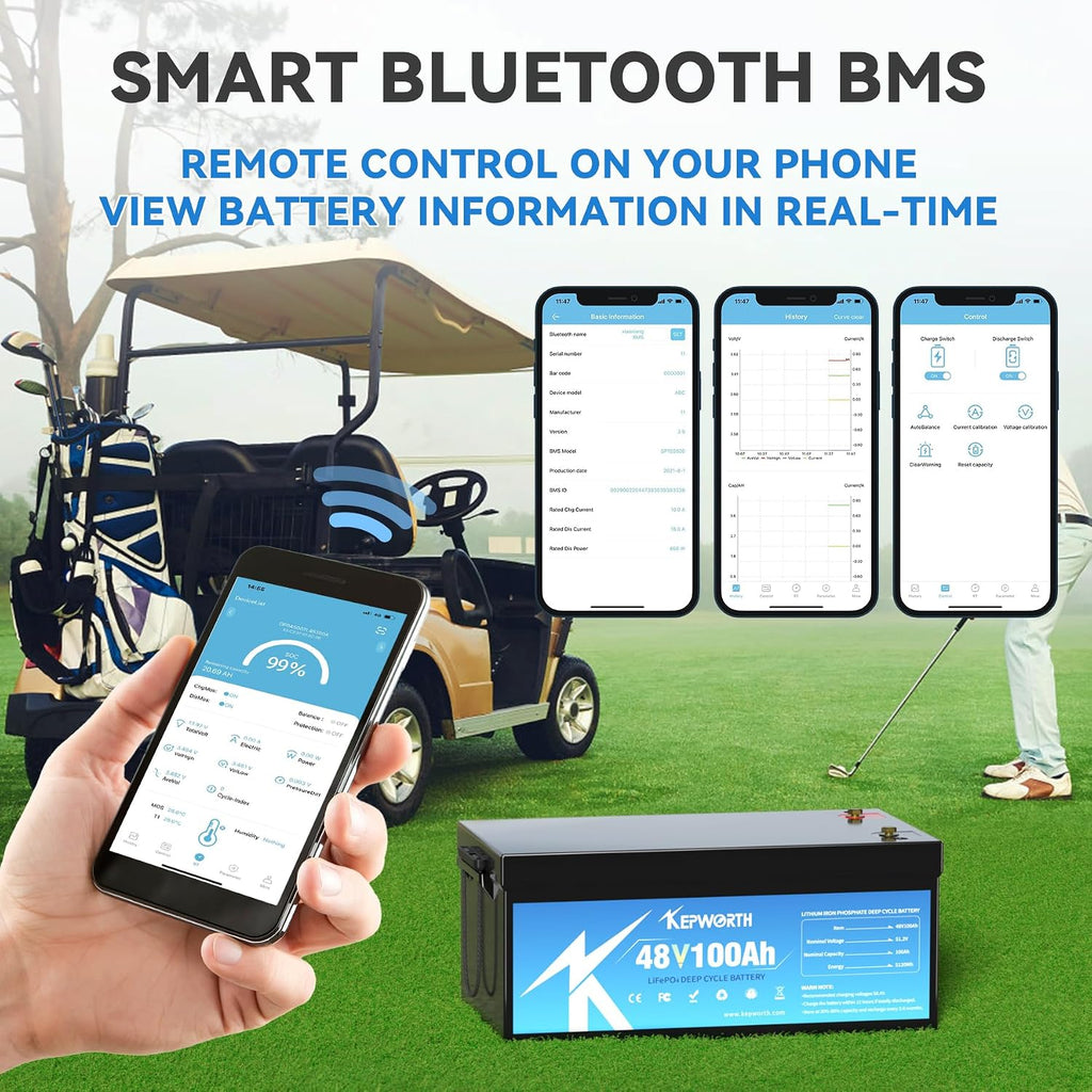 KEPWORTH 48V 100Ah Lithium Battery, Rechargeable Deep Cycle LiFePO4 Batteries, 200A Smart BMS, Perfect for Golf Carts, Rv, Solar, Offgrid, Boat, Trolling Motor