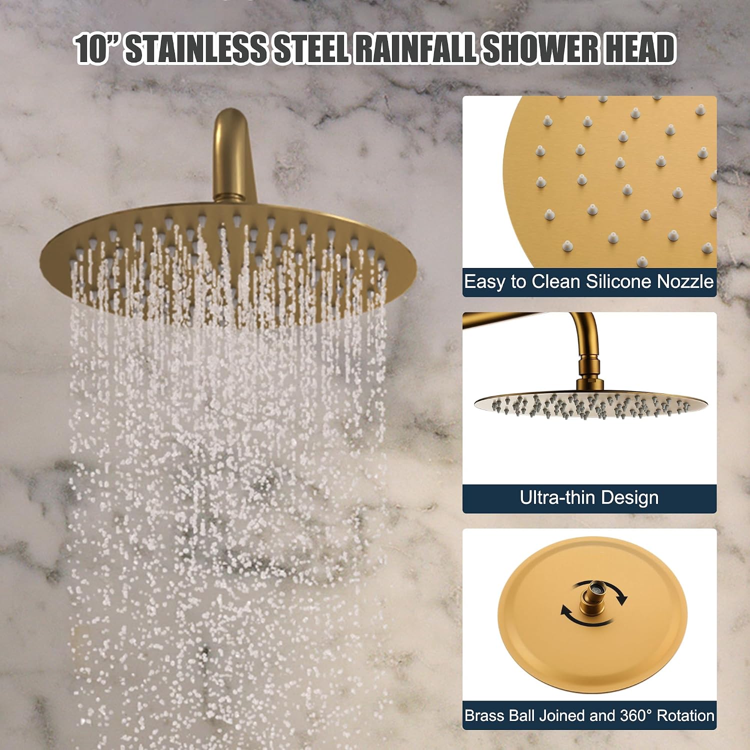 MONDAWE Round Shower Faucet Set, Wall Mounted Shower System 10 Inch Rainfall Shower Head with Handheld Combo, Brushed Gold High Pressure Rainfall Shower Set -Valve Included