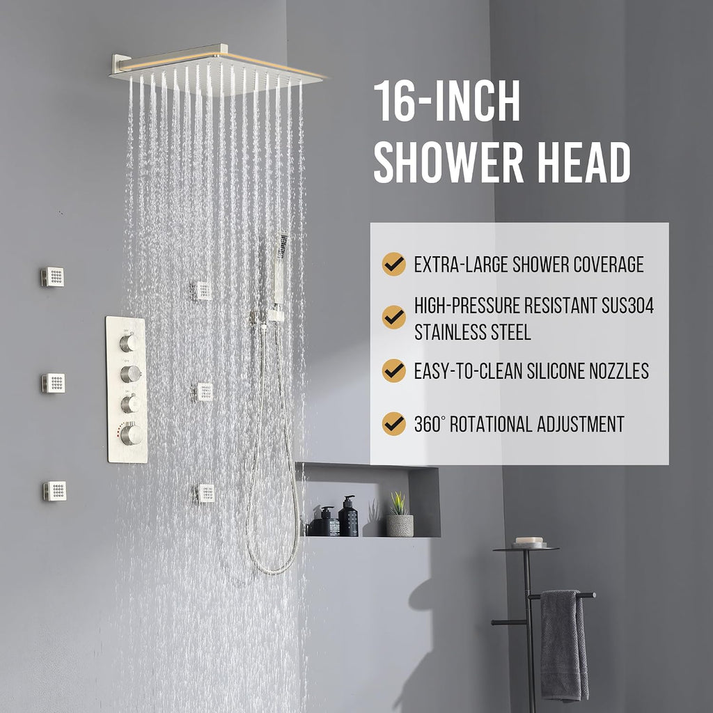 16' Thermostatic Rain Shower System with 6 Body Jets & 16-Inch Rainfall Shower Head, JetsBath Full Body Shower Faucet Sets with Valve & Handheld, Brushed Nickel Luxury Wall Mount Shower Faucet Set