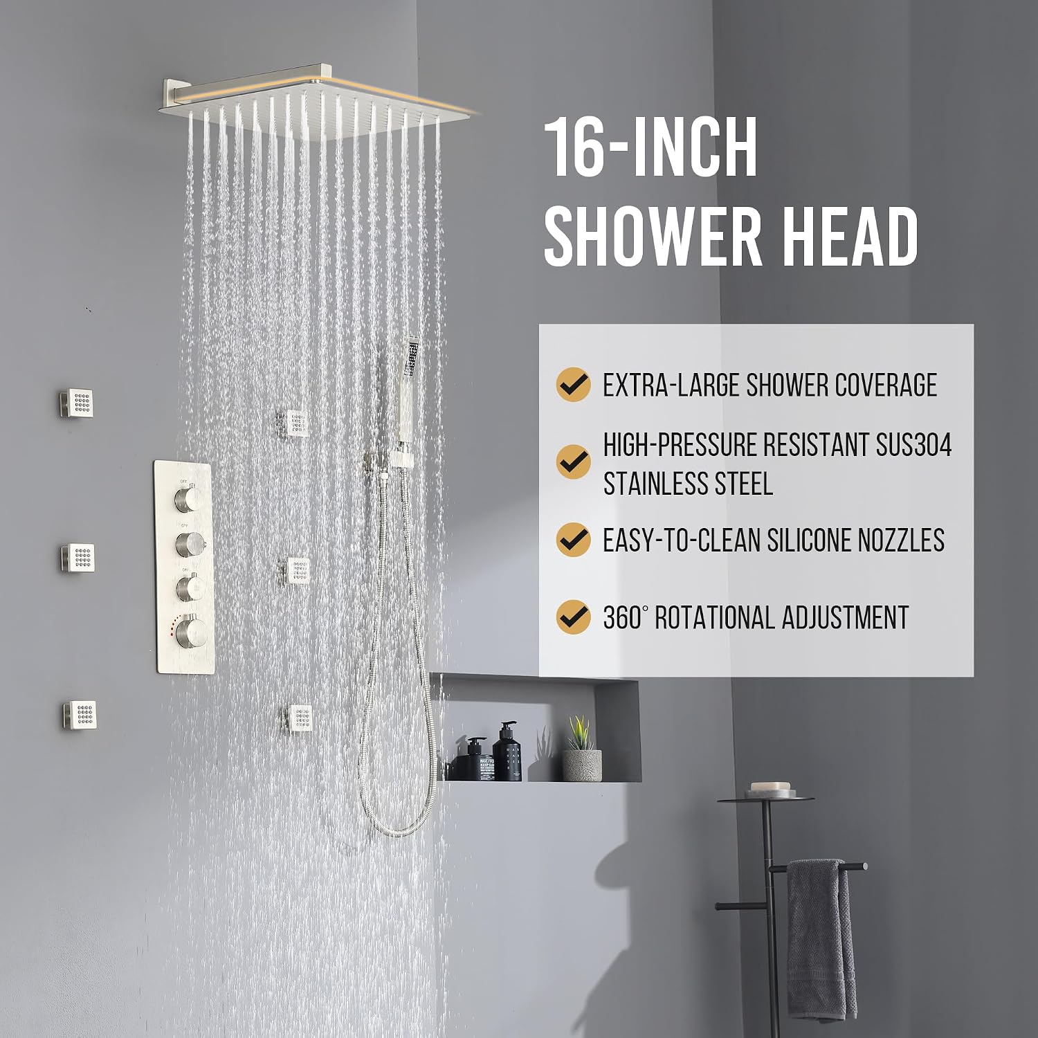 16' Thermostatic Rain Shower System with 6 Body Jets & 16-Inch Rainfall Shower Head, JetsBath Full Body Shower Faucet Sets with Valve & Handheld, Brushed Nickel Luxury Wall Mount Shower Faucet Set