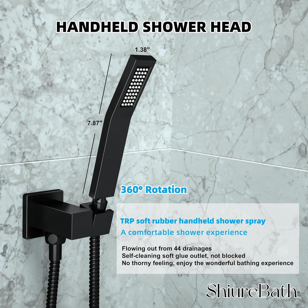 12 Inch Shower Faucet Set with Tub Spout Bathroom Shower System with 12 Inch Rain Shower head and Handheld Shower Head Set, Matte Black