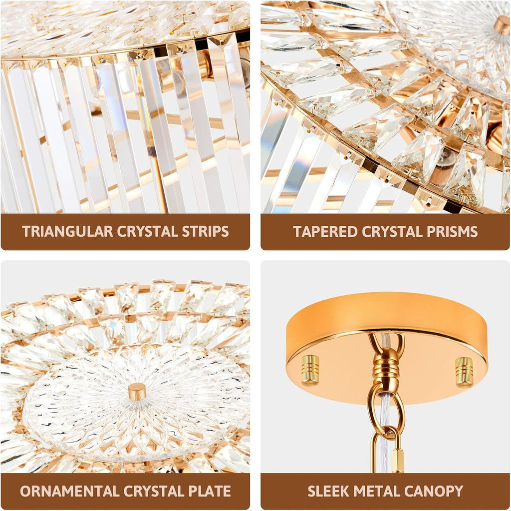 VONLUCE Cystal Ceiling Light Fixture, 6-Light Semi Flush Ceiling Light with Crystal Prisms, 21 in. Chandelier for Dining Room Bedroom Entryway, Kitchen, Gold Metal Canopy, ETL Certificated