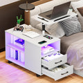 Gurexl 360° LED Nightstand with Wireless Charging Station for Bedroom, Movable Adjustable Bedside Table with Laptop Tray, Auto Sensor End Table with 24 Color Dimmable -White