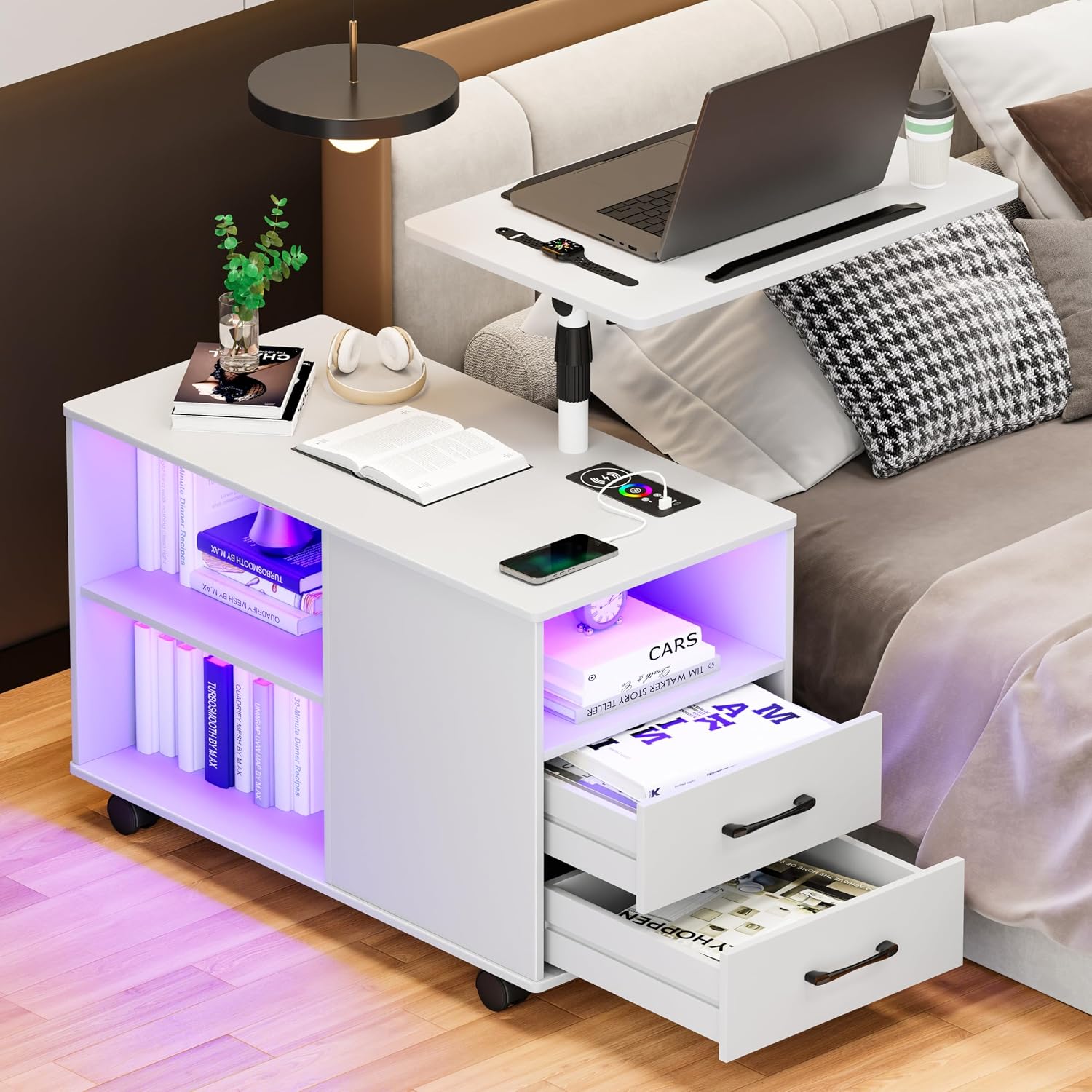 Gurexl 360° LED Nightstand with Wireless Charging Station for Bedroom, Movable Adjustable Bedside Table with Laptop Tray, Auto Sensor End Table with 24 Color Dimmable -White