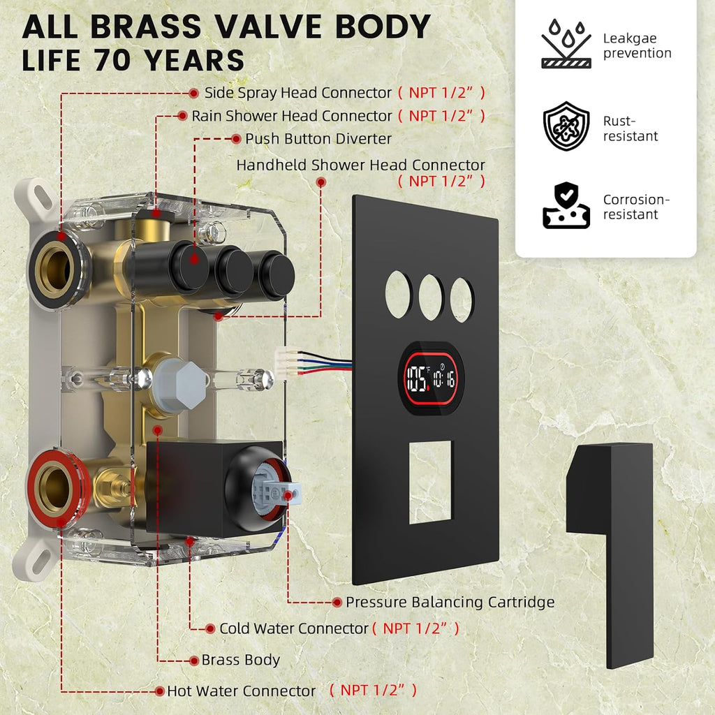 Push Button Diverter Shower Faucet Set Hydro Power Temperature Display, Shower System Ceiling Mounted 10' & Wall Mounted 6' Shower Head with 3-Spary Handheld, Matte Black