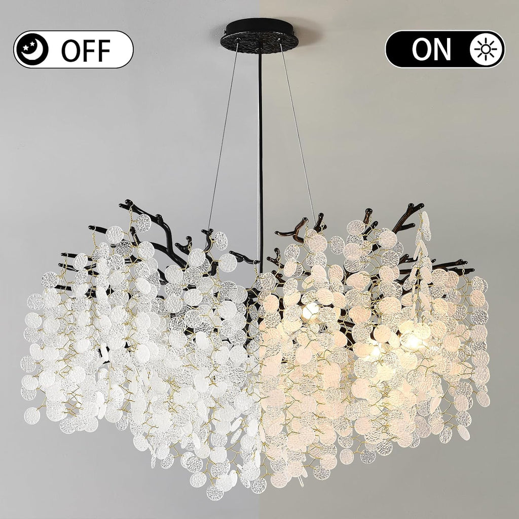 32 Inch Coastal Light Fixture, 10-Light Capiz Shell Chandelier, Modern Black Bedroom Chandeliers, Dining Room Foyer Lighting Fixtures, Boho Chandelier for Living Room Entryway