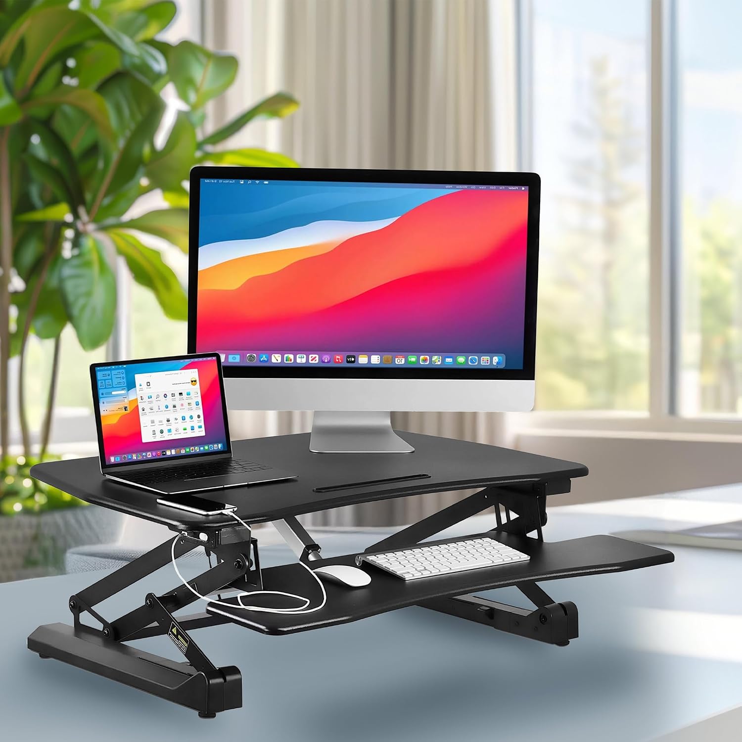 Mount-It! Electric Standing Desk Converter 35.4' Quick Sit Stand Desk Riser, Computer Workstation Motorized Easy Convertor with Built-in USB Charging Port, Ergonomic Height Adjustable in Black