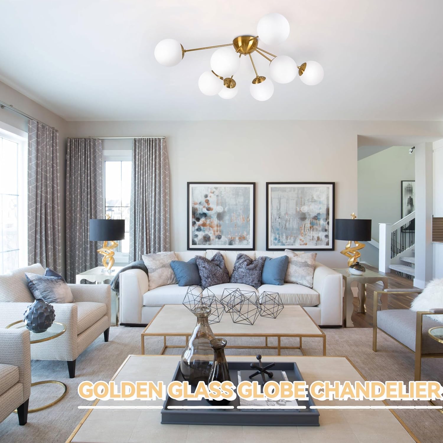 Bagood 8 Light Mid Century Modern Ceiling Light Semi Flush Mount Ceiling Light Fixture Globe Lights Sputnik Chandelier with Milk Glass Shade Brushed Brass Finish for Bedroom Hallway Living Room