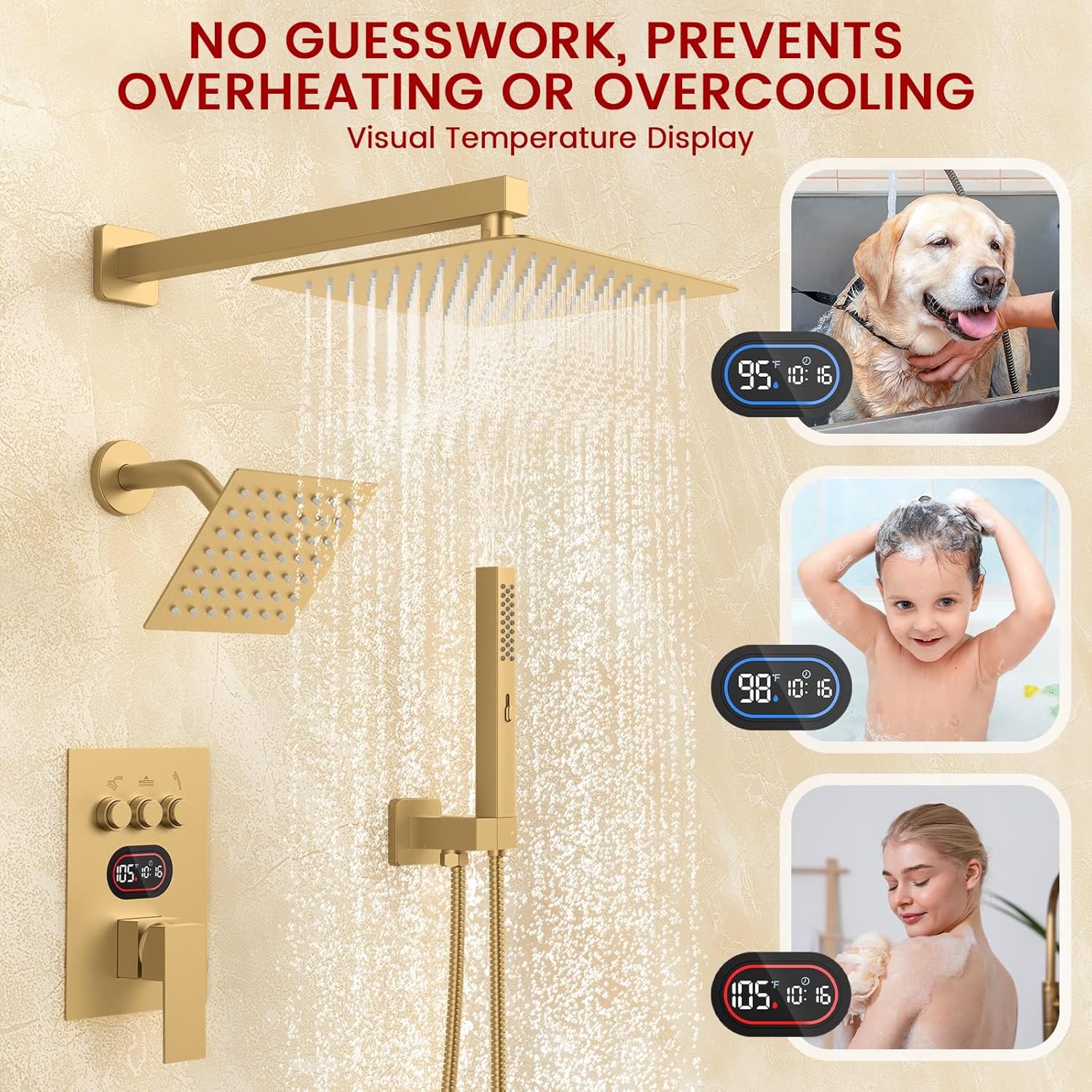 Push Button Diverter Shower Faucet Set Hydro Power Temperature Display, Shower System Wall Mounted 10' & 6' Shower Head with 3-Spary Handheld, Shower Fixtures with Valve and Trim Kit, Brushed Gold