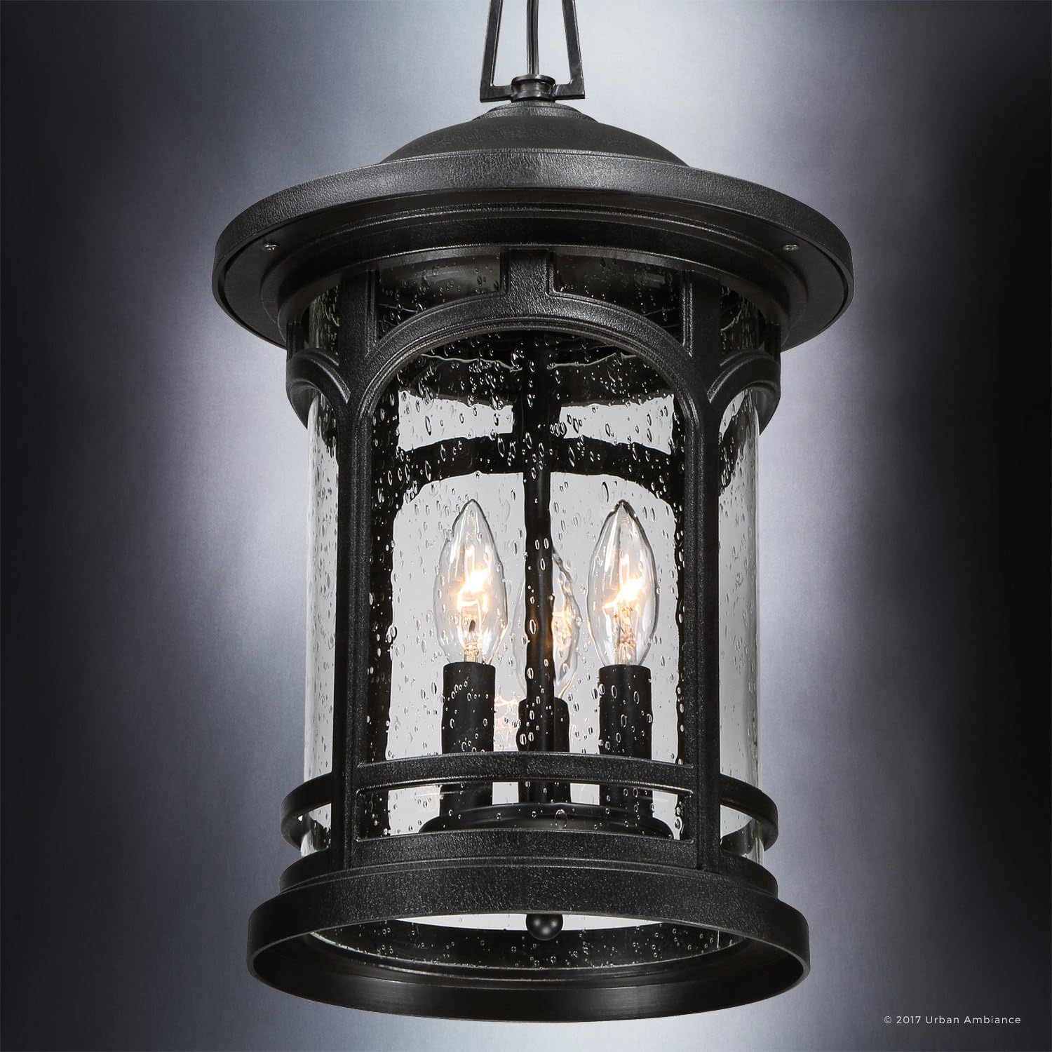 Urban Ambiance Luxury Rustic Outdoor Pendant Light, Large Size: 18' H x 11' W, with Colonial Style Elements, Wrought Iron Design, High-End Black Silk Finish and Seeded Glass, UQL1108