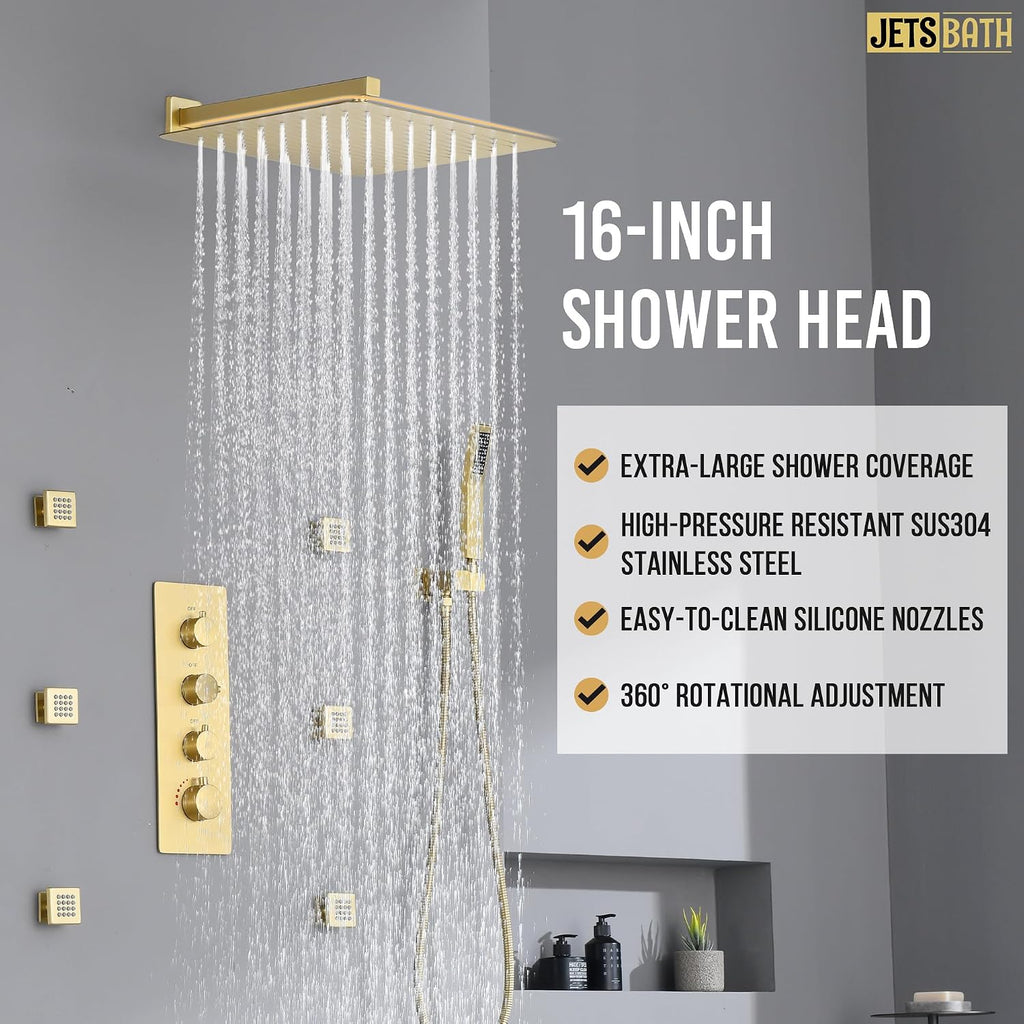 16' Thermostatic Rain Shower System with 6 Body Jets & 16-Inch Rainfall Shower Head, JetsBath Full Body Shower Faucet Sets with Valve & Handheld, Brushed Gold Luxury Wall Mount Shower Faucet Set