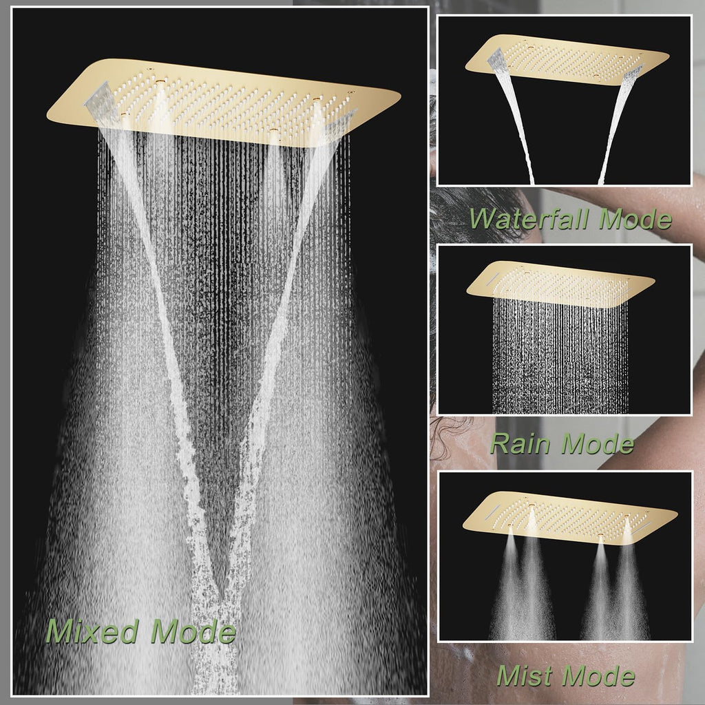 Brushed Gold Digital Display Shower System with 16X24 inch Rain&Waterfall&Mist 3 Modes Ceiling Overhead Shower Head, 4 PCS Body Jet and Handheld Spray