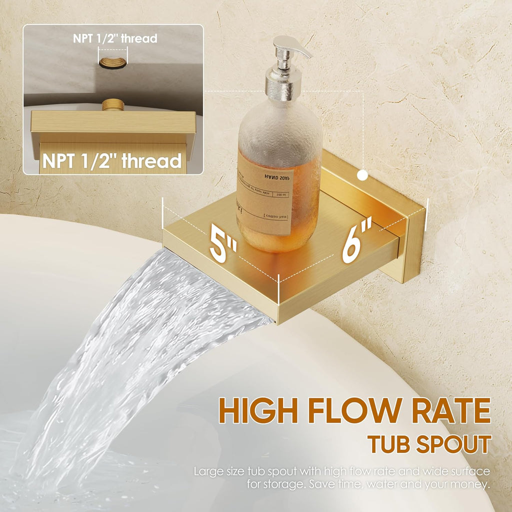 Gold Tub Shower System, All Metal Tub Shower Faucet Set with 12' Rain Shower Head and Handheld Spray combo, Wall Mounted Shower Systems with Tub Spout, Valve and Trim Kit, Brushed Gold