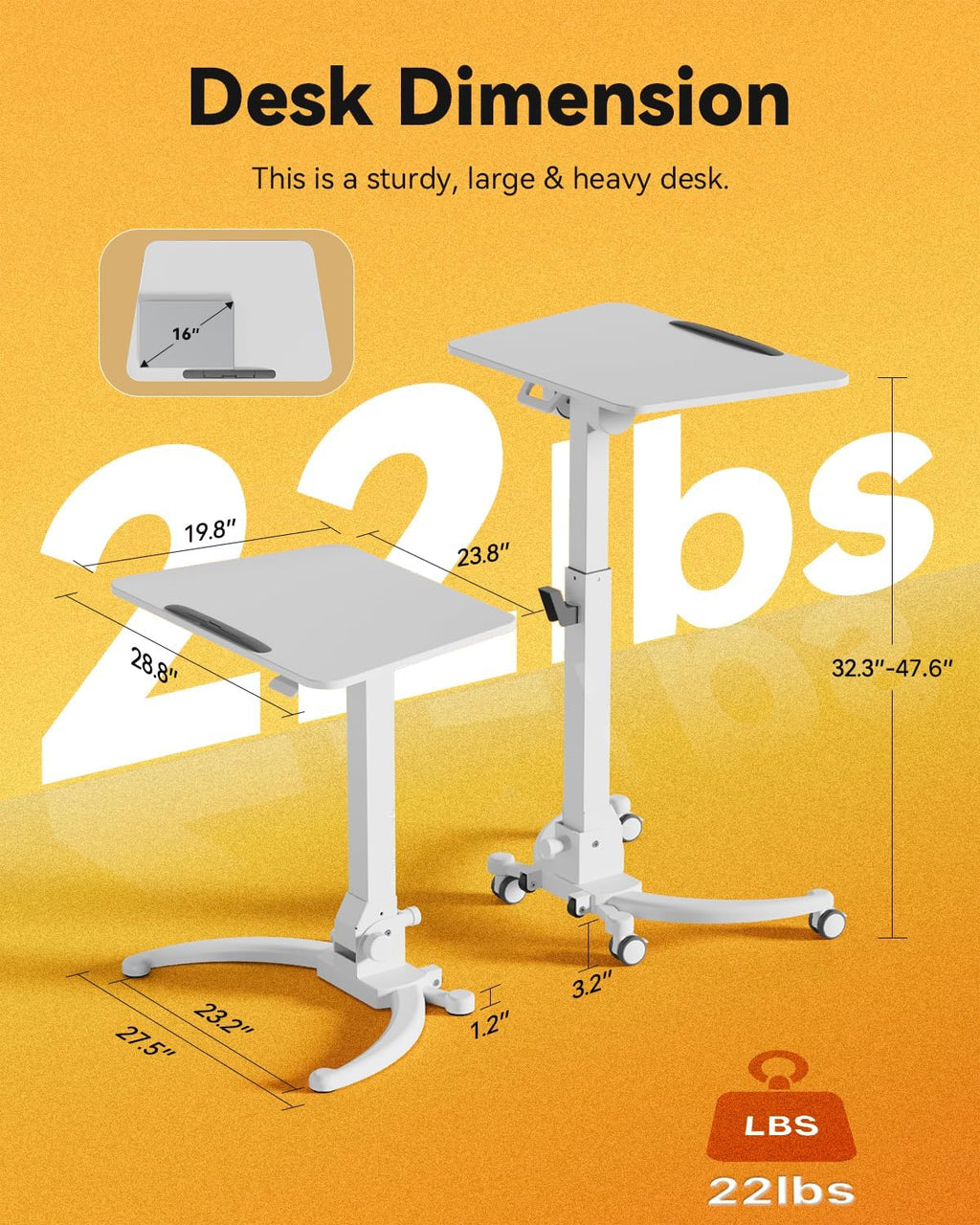 JOY worker Foldable Mobile Standing Desk, Upgraded Height Adjustable Rolling Desk, Max Height 47.6', 90° Tiltable Board & Base, Portable Workstation with Moveable Wheels, Holds Up to 22lbs, White