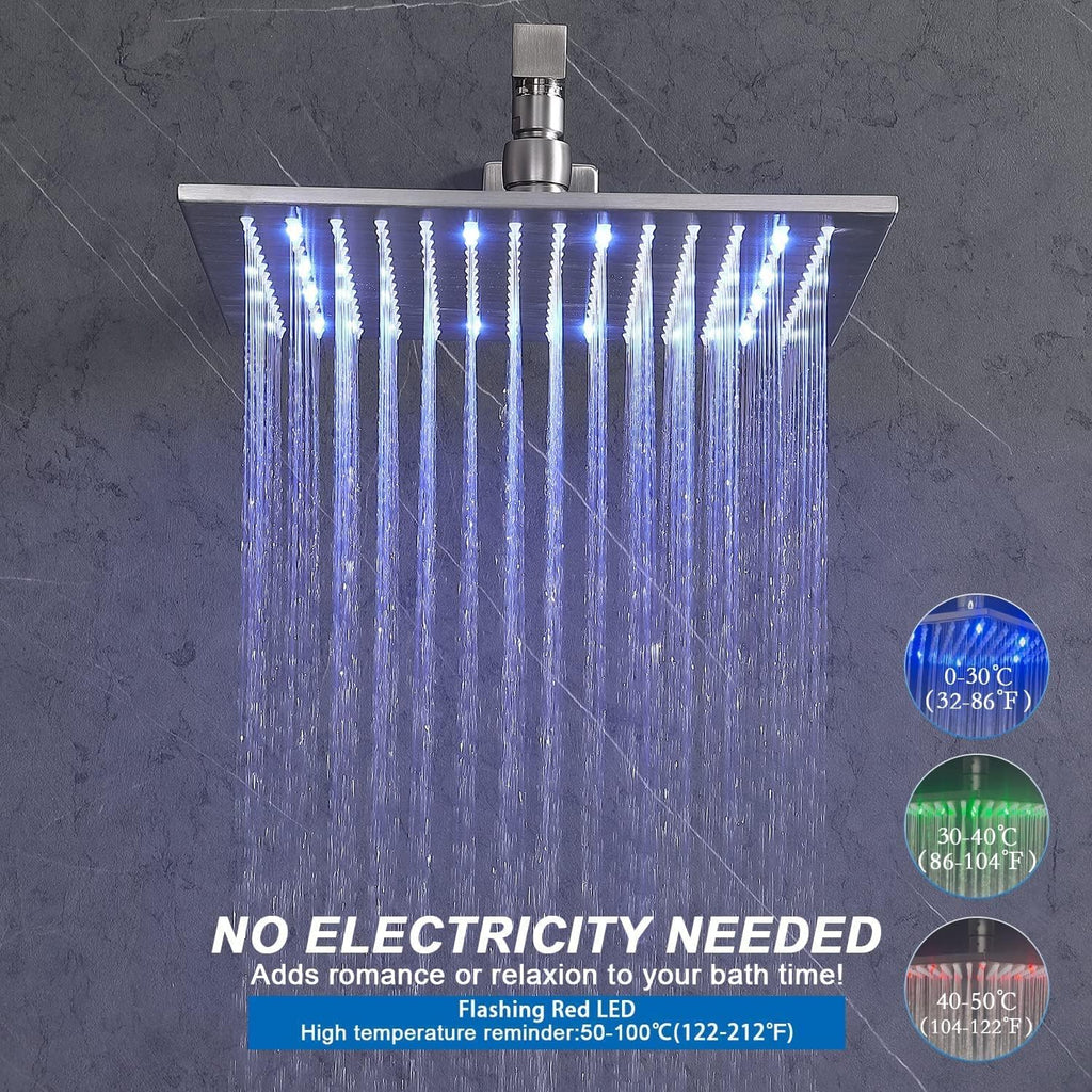 Enga Brushed Nickel Shower System with Body Spray Jets, Wall Mount 12 Inch LED Rain Shower Head Push Button Diverter Shower Fixtures, All Functions Can Run At Once