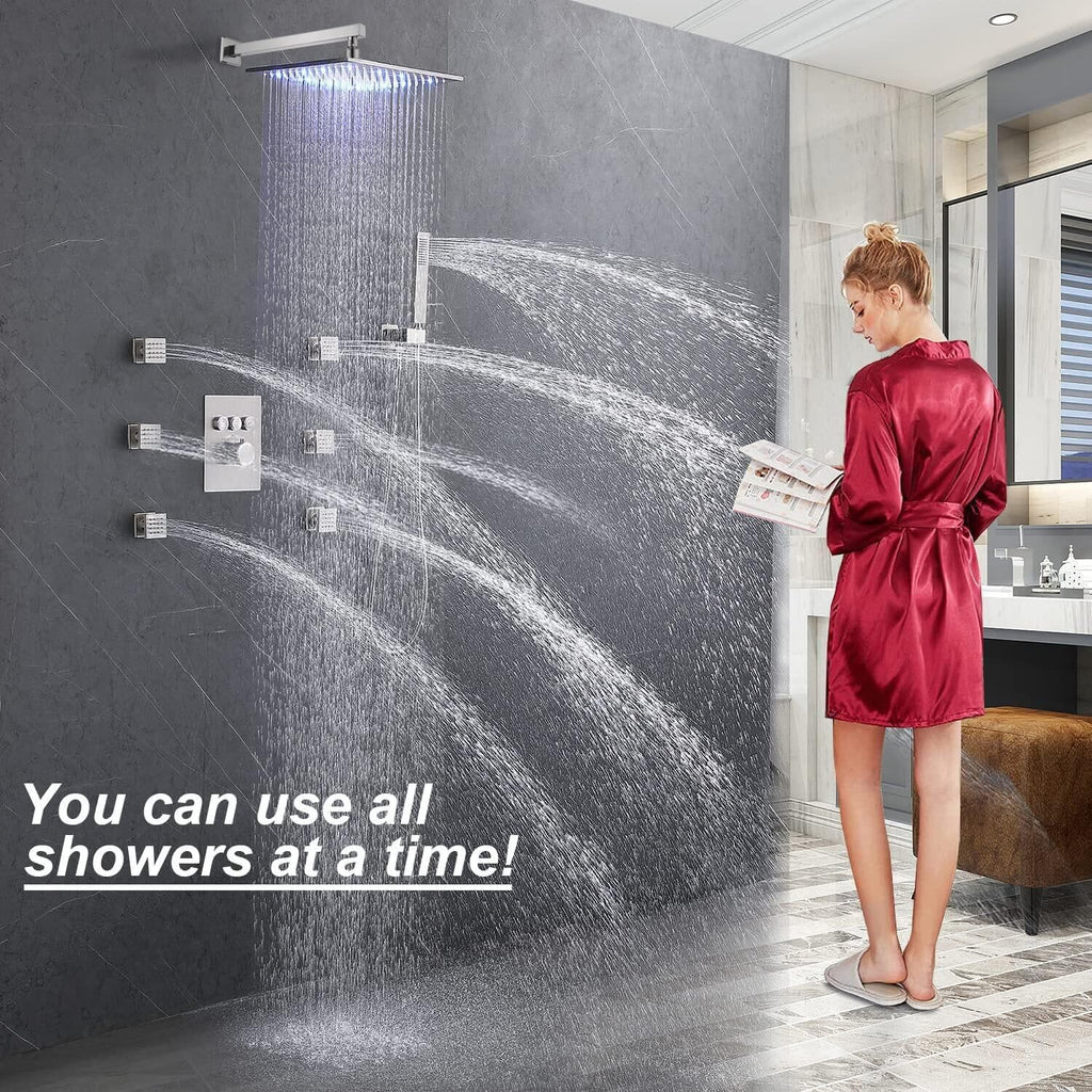 Enga Brushed Nickel Shower System with Body Spray Jets, Wall Mount 12 Inch LED Rain Shower Head Push Button Diverter Shower Fixtures, All Functions Can Run At Once