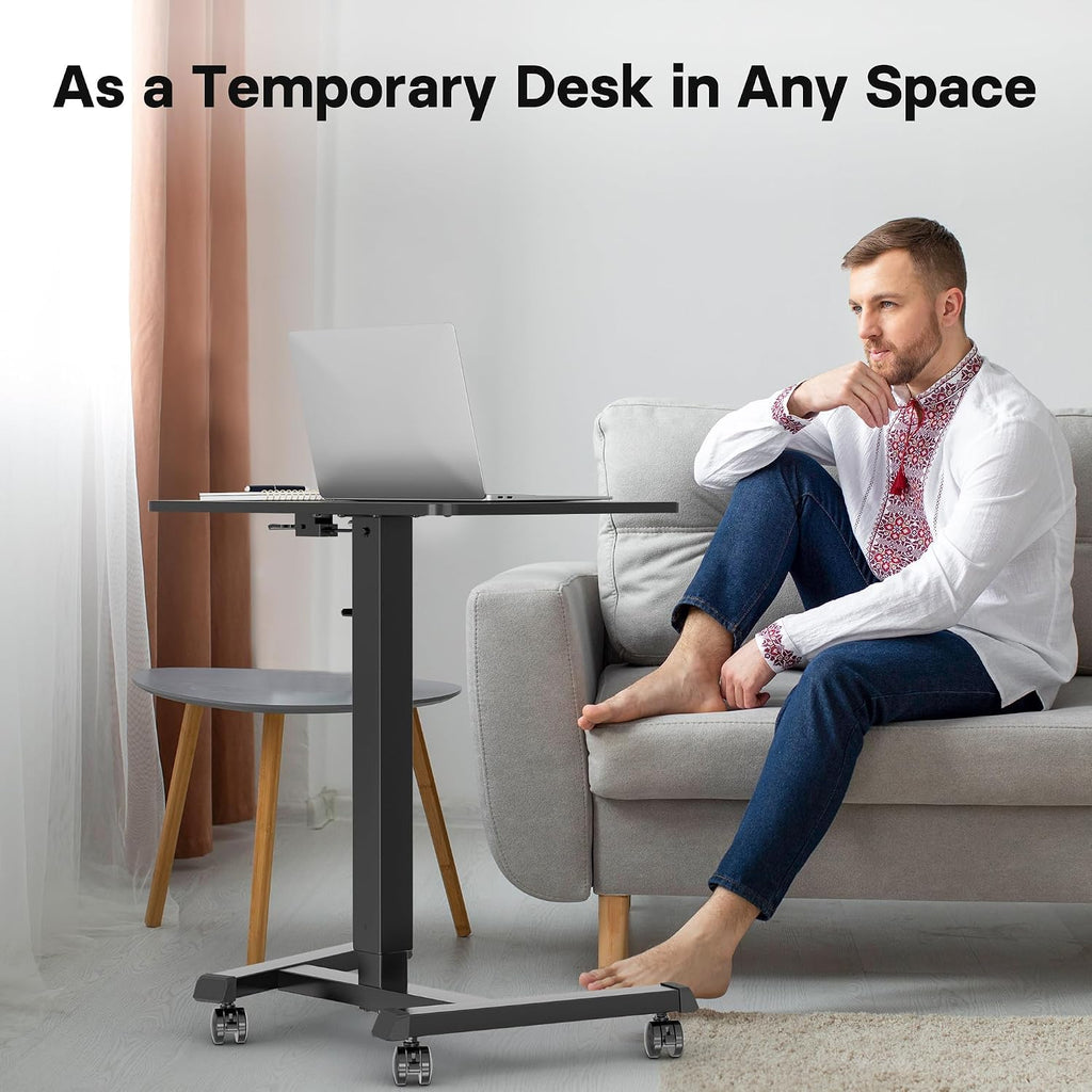 BONTEC Mobile Standing Desk Adjustable Height, Rolling Laptop Cart with Hook, Portable Workstation with Pneumatic Lift, Ergonomic Table with Wheels, Compact Home Office Desk, Black 25.6' x 17.7'